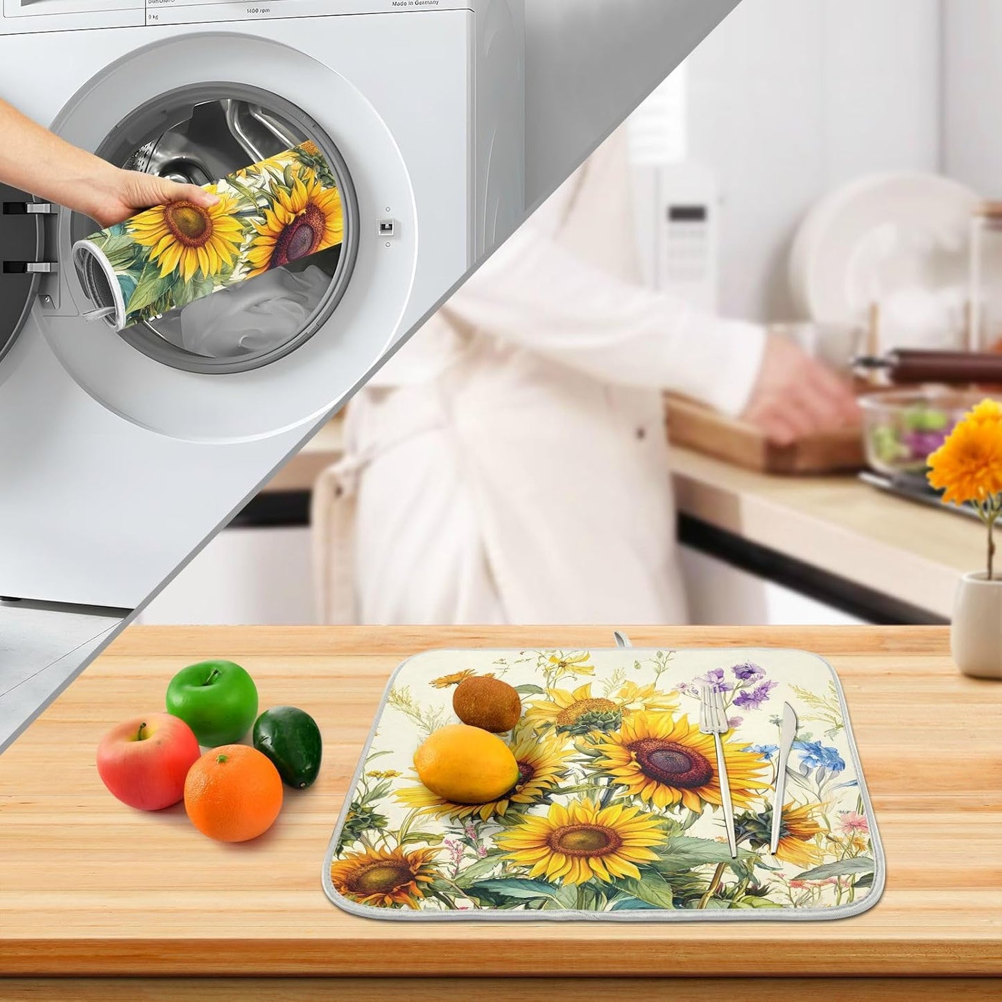 Blooming Sunflowers Dish Drying Mat for Kitchen Counter Absorbent Microfiber Small Drying Pad Dish mats for Kitchen Countertops 16 x 18 Inch