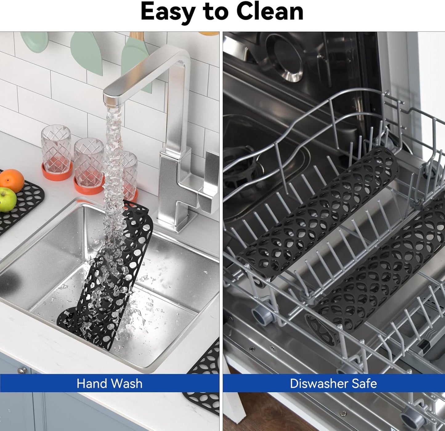 TOOVEM Kitchen Sink Mats, 2PCS Non-Slip Heat Resistant Silicone Sink Protector Mat, Folding Farmhouse Rear Drain Sink Mats (Type2: Side Drain, Black)