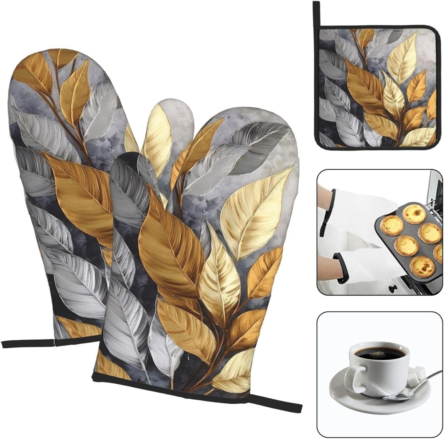Gold Silver Tropical Leaves Oven Mitts and Pot Holders Sets of 3 Modern Hot Pads Heat Resistant Non Slip Washable for Cooking Grilling Baking BBQ Kitchen Decor