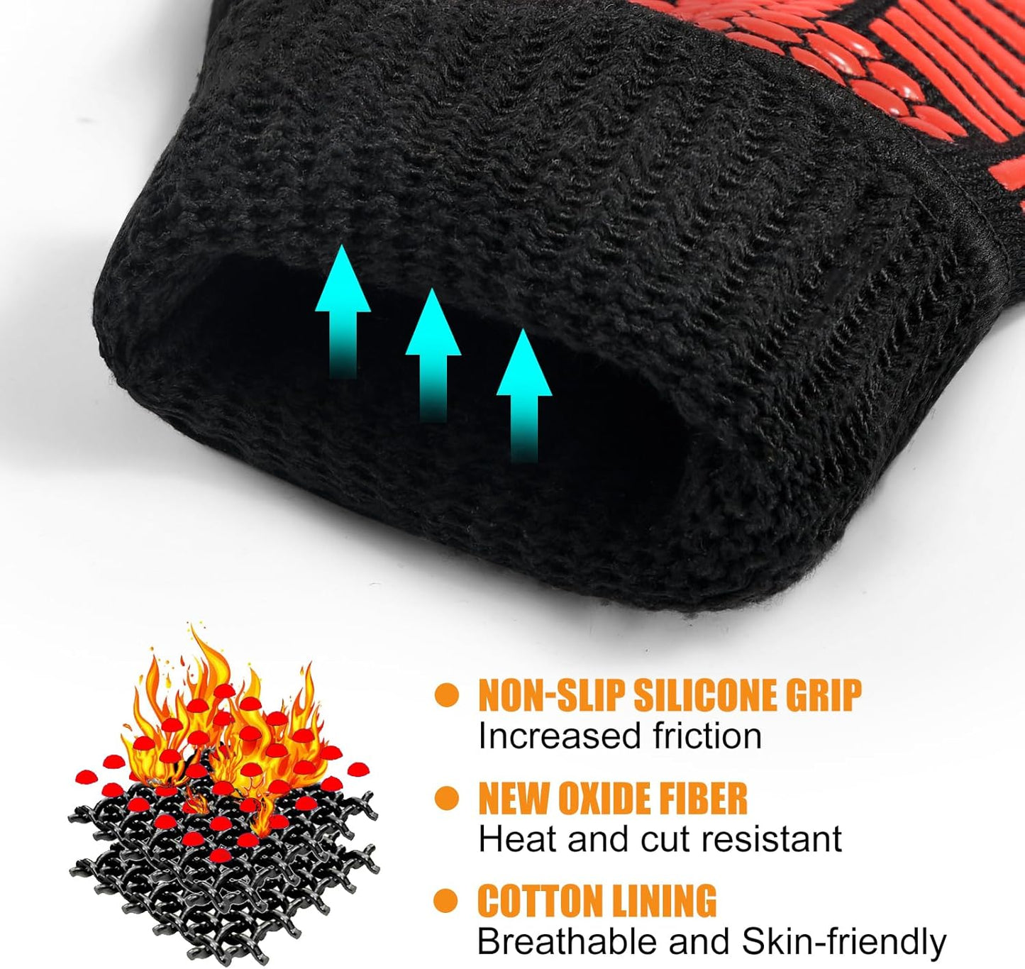 BBQ Gloves, Oven Gloves, Extreme Heat Resistant Barbecue Gloves, Silicone Non-Slip Oven Mitts, Kitchen Gloves for Cooking, Grilling, and Baking (Red)