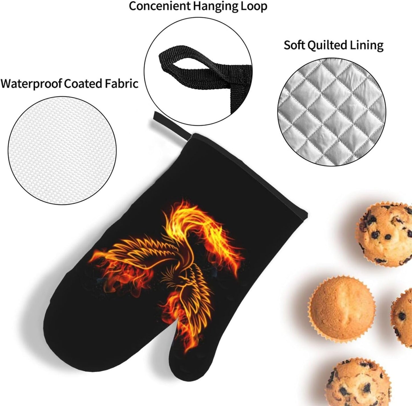 Fire Phoenix Oven Mitts and Pot Holders Set Funny Heat Resistant Microwave Oven Gloves for BBQ Baking Grilling Cooks Kitchen Decor 3 Piece