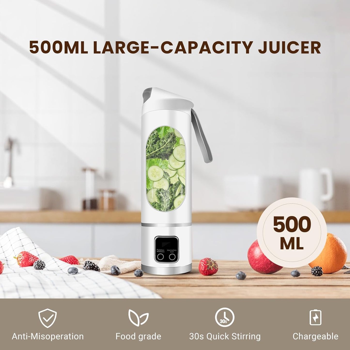 Portable Personal Electric USB Juicer，500ML Mini Blender Portable Blender For Shakes and Smoothies juice，12 Blades Great for Mixing，Compact、Convenient and Versatile (White)