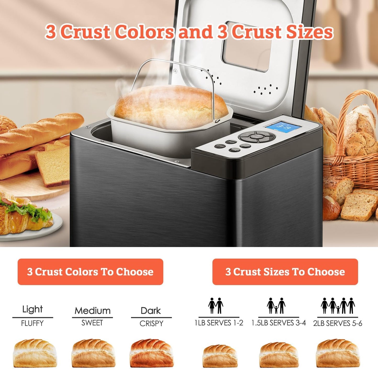 KBS 2LB Bread Maker, 19-in-1 Automatic Bread Machine Stainless Steel with Ceramic Pan,15H Timer&1H Keep Warm, Sourdough, Gluten-Free, 650W Bread Maker Machine with 3 Loaf Sizes 3 Crust Colors, Recipes