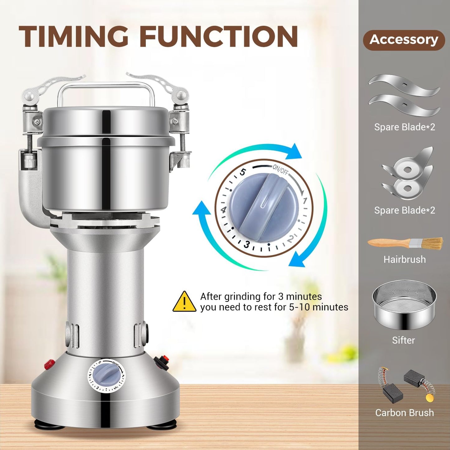 Grain Mill 300g Commercial Spice Grinder Electric 1200W Stainless Steel Pulverizer Dry Grinders for Grinding Wheat, Oats, Corn, Pepper, and Coffee Beans – Grinder for Kitchen.