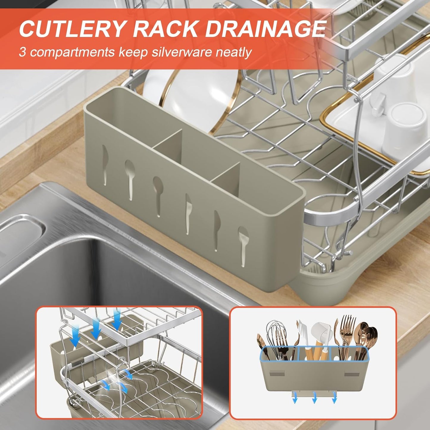 2-Tier Dish Drying Rack for Kitchen Counter, 304 Stainless Steel Dish Rack with Adjustable Drainboard, Removable Utensil Holder & Water Tray, Grey