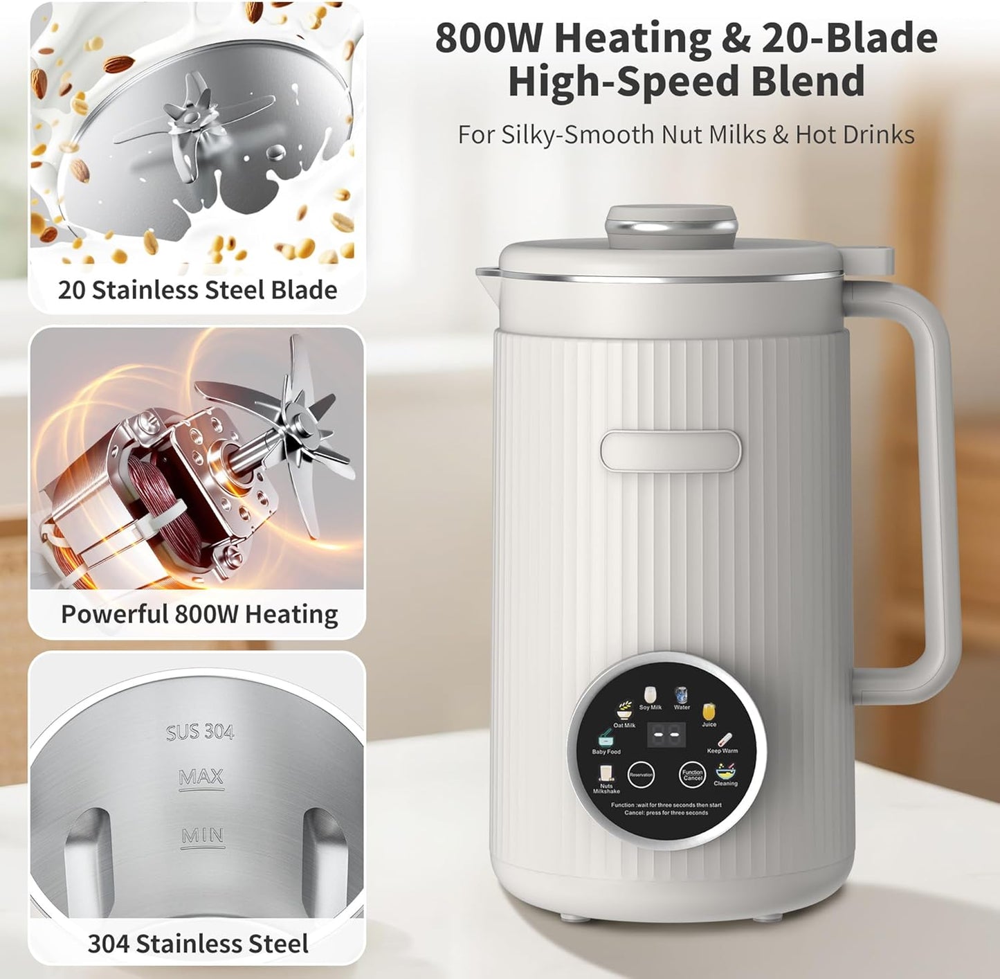 35oz Nut Milk Maker Machine: 8-in-1 Soy Milk Maker with Auto Clean & 20-Blade - Multi-Function Nut Milk Machine with Self-Cleaning, Auto Shutoff, for Vegan Drink (White)