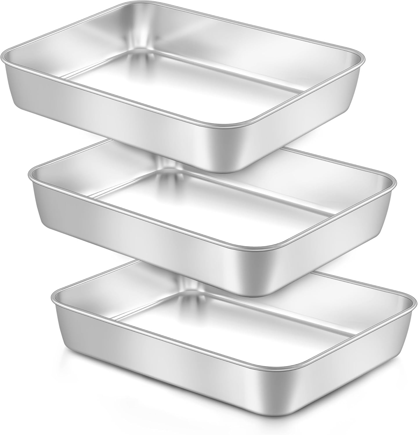 LIANYU Rectangle Baking Pan Set of 3, 12⅓ x 9¾ x 2 Inch Cake Lasagna Pan, Stainless Steel Toaster Oven Bakeware for Casseroles Brownies, Oven & Dishwasher Safe