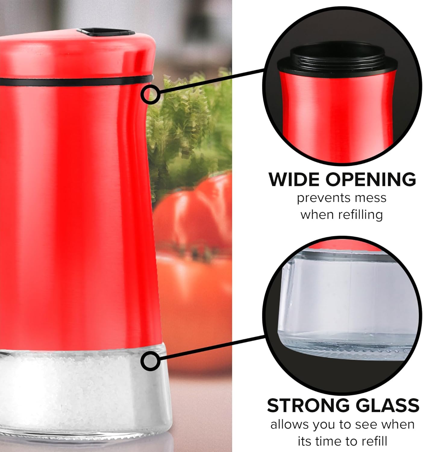 The Original Salt and Pepper Shakers set -Red- Spice Dispenser with Adjustable Pour Holes - Stainless Steel & Glass Set of 2 Bottles