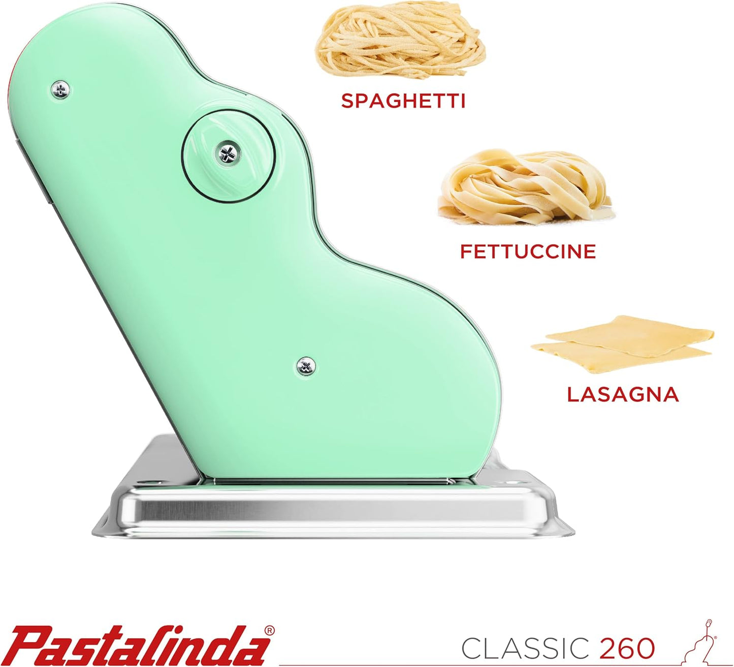 PASTALINDA Classic 260 Pasta Maker Machine, 26 cm Wide Rollers, 9 Thickness Positions, 2 Cutting Positions, Stainless Steel. Includes Reinforced Hand Crank And Two Clamps (Pastel Green)
