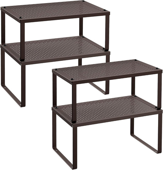 SONGMICS Spice Racks, Set of 4 Metal Cabinet Shelf Organizers, Countertop Organizers, Shelf Risers, Stackable, Expandable, Brown UKCS06BR