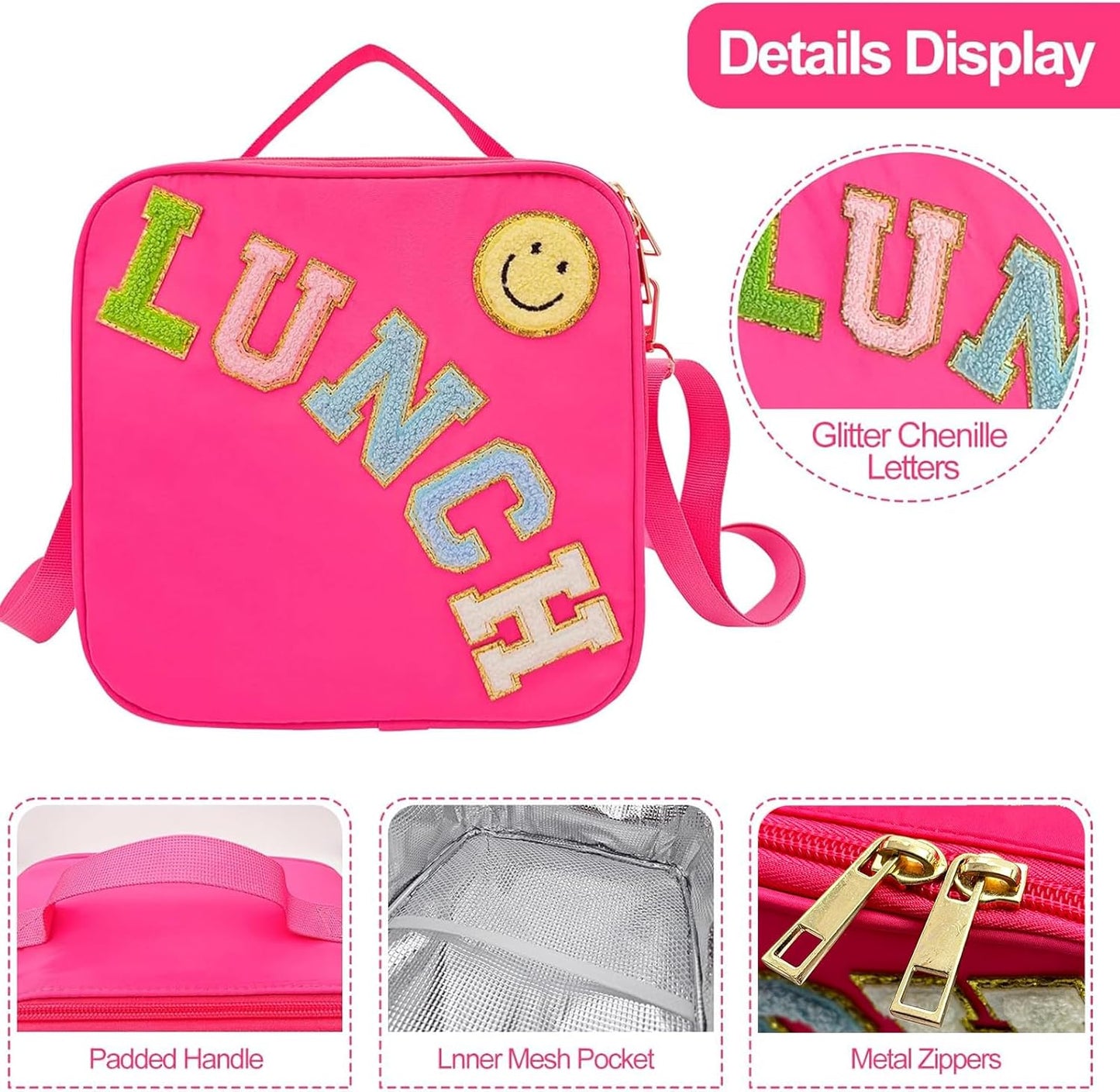 Insulated Lunch Bag With Adjustable Shoulder Strap, Nylon Preppy Lunch Box Large Insulated Lunch Bag Reusable Lunch Tote Bag with Smiley Preppy LunchBag for Girls School Travel Picnic (Rosy Red)