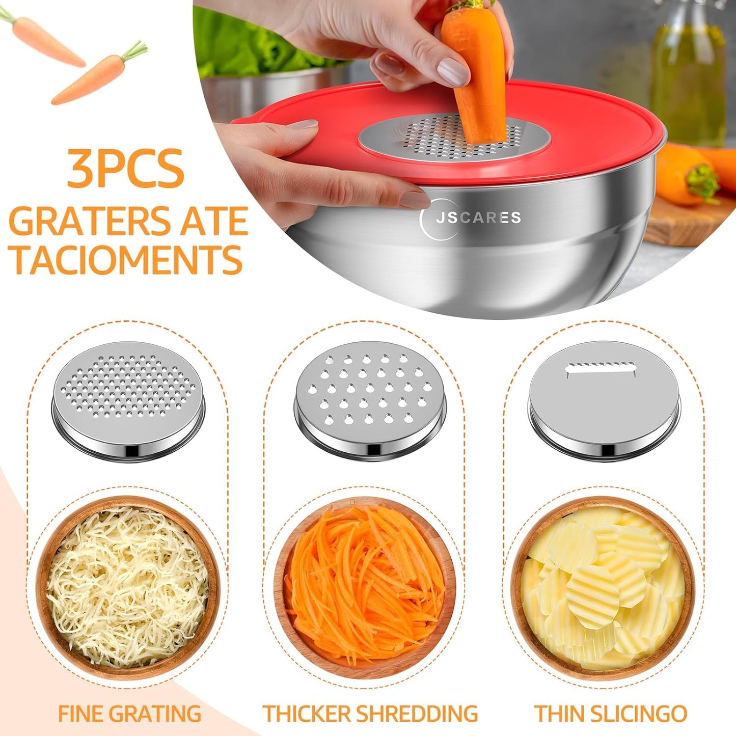 Mixing Bowls with Colorful Airtight Lids, 6 Piece Stainless Steel Metal Bowls with 3 Grater Attachments, Size 4.5, 3.5, 2.1, 1.5, 1.1, 0.7 QT