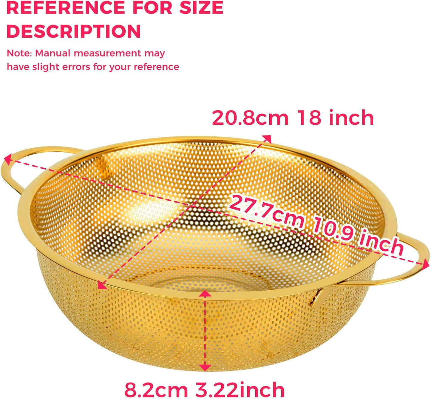 Snailhouse Colander, 3 Quart Kitchen Stainless Steel Metal Pasta Rice Food Colander Strainer Bowl with Handles and Legs for Draining Washing, Gold