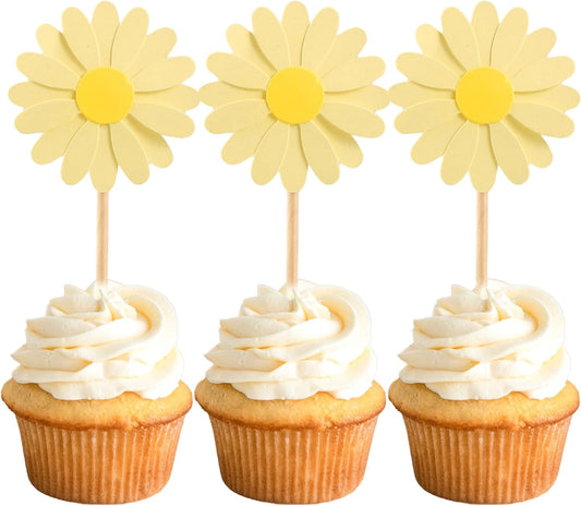 24Pcs Daisy Cupcake Toppers Daisy Flower Party Picks Spring Daisy Toothpicks Chrysanthemum Food Picks Girls Baby Shower Birthday Wedding Party Decorations Yellow