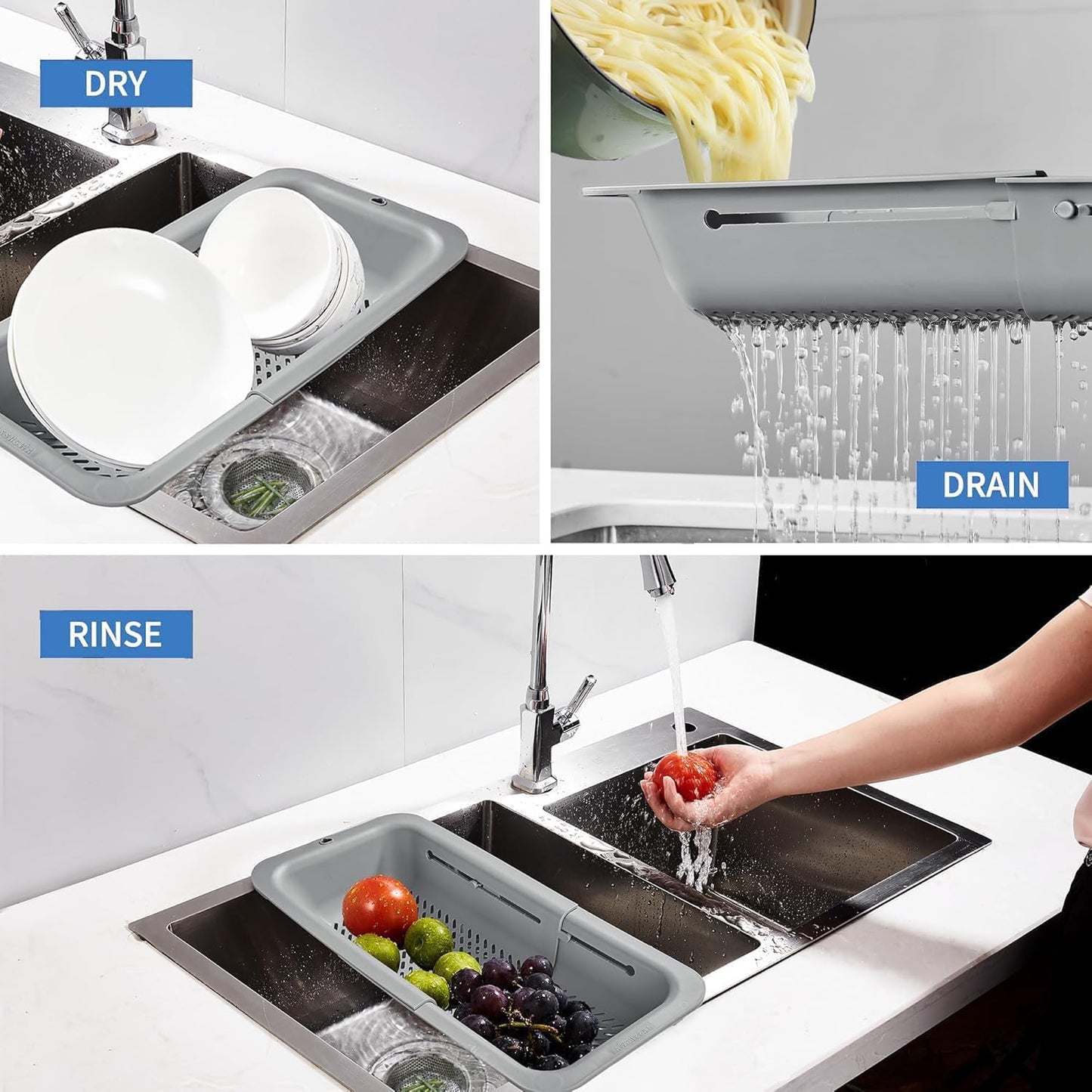 LASSHSWA Collapsible Colander and Strainer for Kitchen, Over the Sink Strainer Basket for Kitchen, Fruit Pasta Food Strainer Expandable Plastic Colander with A Sink Drain Strainer Stainless Steel