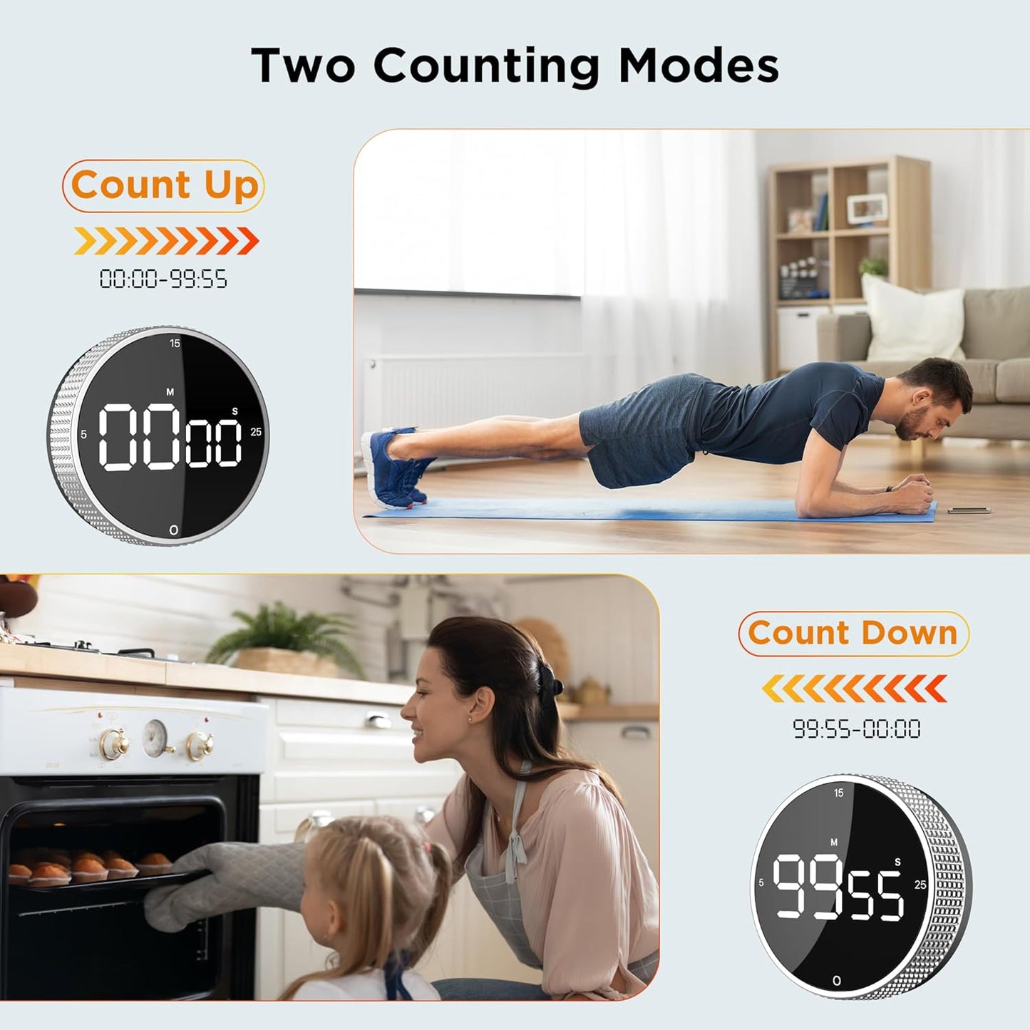 Upgrade Digital Kitchen Timer - Magnetic Countdown Countup Visual Pomodoro Timer with Large LED Display, 3-Preset Times (5, 15, 25), 3 Volume Levels, Ideal for Cooking, Baking and Fitness (1, Silver)