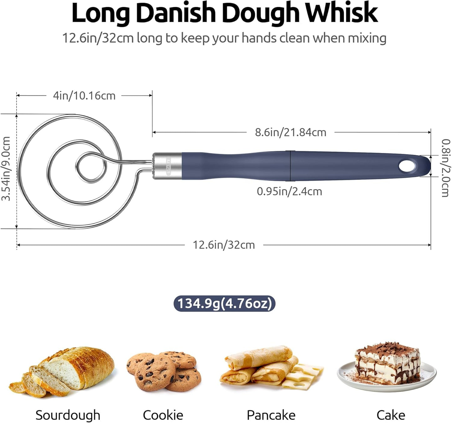 U-Taste 12.6" Danish Dough Whisk: 18/8 Stainless Steel Heavy-Duty Sourdough Mixer Tool, Food Grade Dutch Style Seamless Bread Wisk, Sturdy for Mixing, Stirring, Kneading Thick Batter (Midnight Blue)