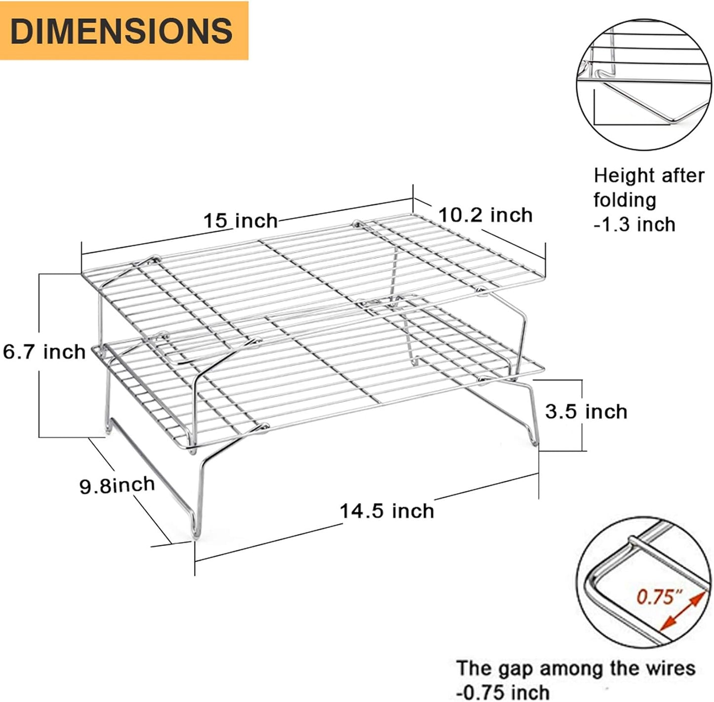 P&P CHEF Cooling Rack Set of 2, 2-Tier Stackable Stainless Steel Wire Racks for Baking Cooking Cooling Roasting, Collapsible & Heavy Duty, Oven Safe & Easy Clean, 15" x 10", Silver