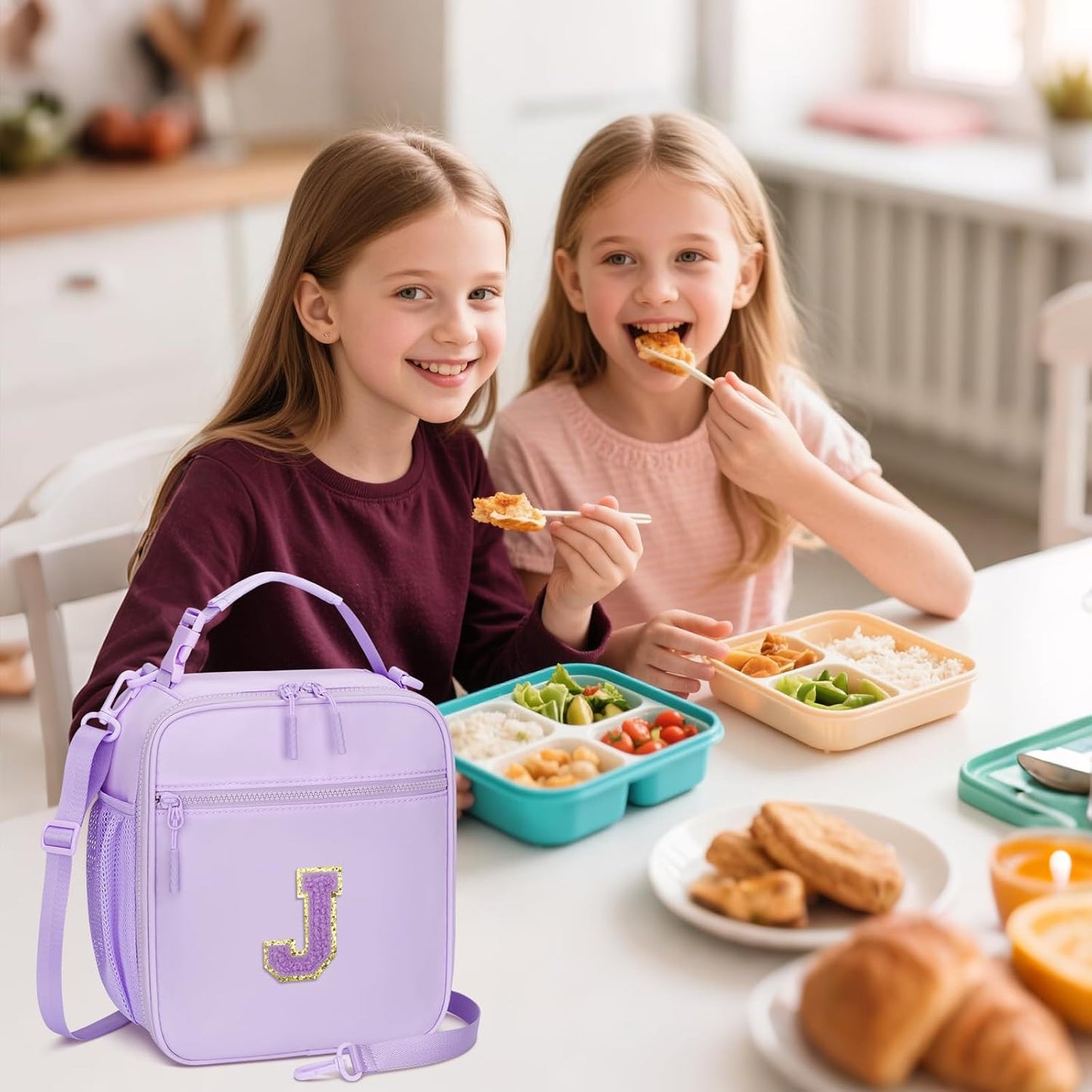 Initial Insulated Lunch Bag for Girls Kids, Back to School Gift, Reusable Leak-proof Lunch Box with Adjustable Strap for School Daycare Travel Picnic (Purple,J)