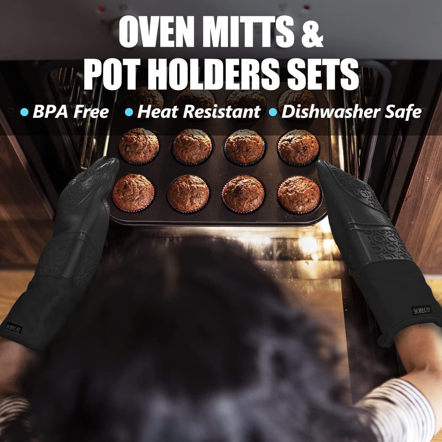 Rorecay 6pcs Oven Mitts and Pot Holders Sets Heat Resistant 500 Degrees, Extra Long and Non-Slip Silicone Oven Gloves Potholders Hot Pads for Kitchen Baking Cooking, Quilted Liner, Black