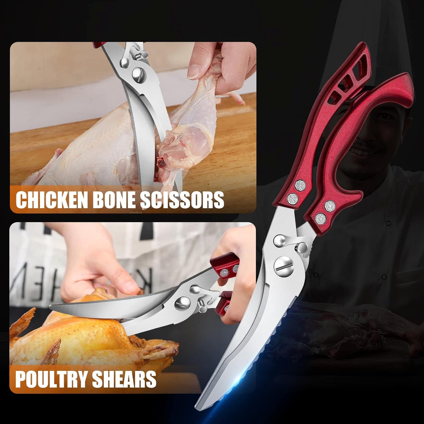 Poultry Shears, Red Heavy Duty Kitchen Shears with Serrated Edge, No Rust Spring Loaded, Multipurpose Stainless Steel Kitchen Scissors for Chicken Meat, Turkey, Fish