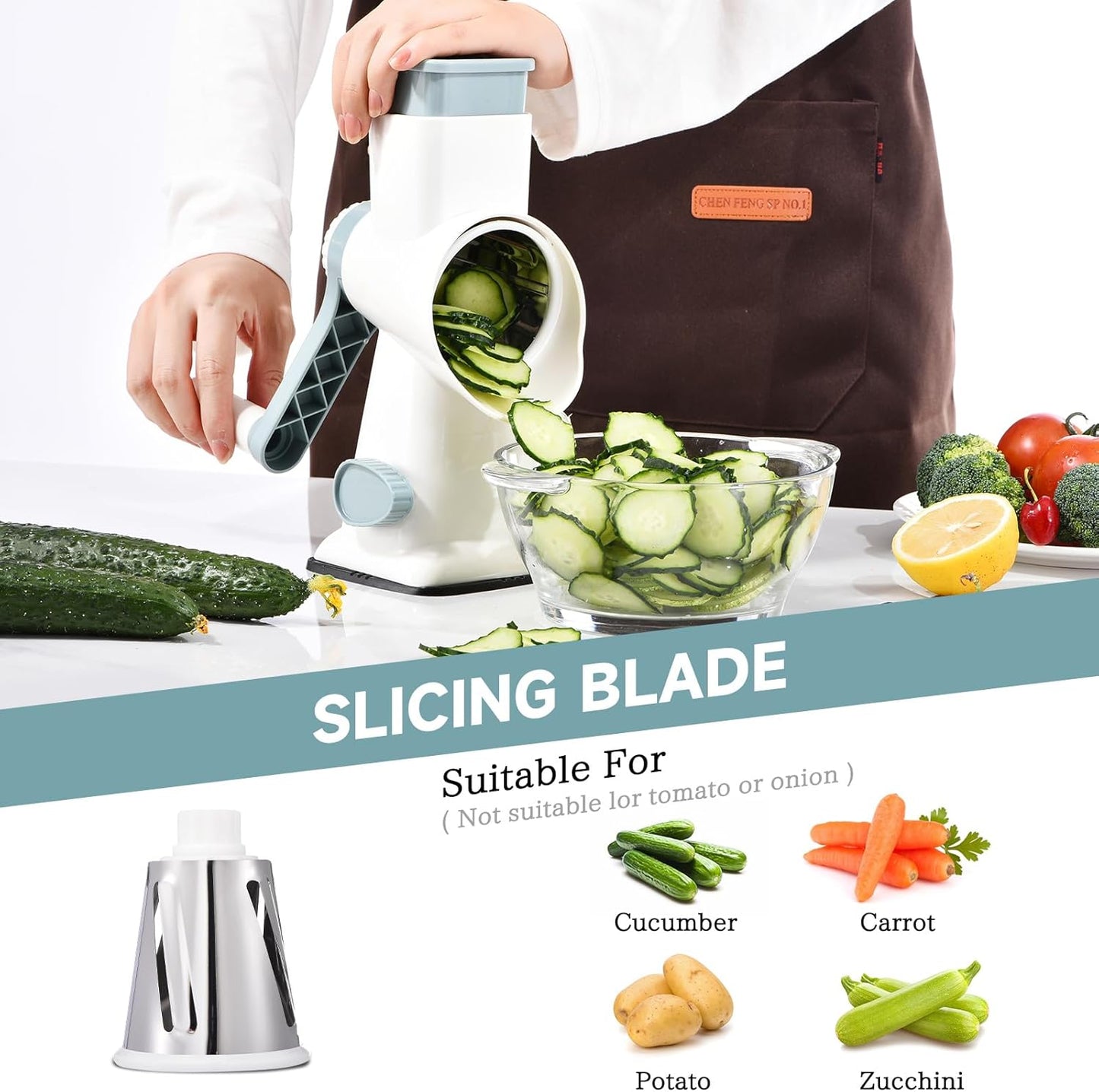 Rotary Cheese Grater Hand Crank Cheese Shredder Vegetable Mandoline Slicer for Kitchen 3 in 1 Changeable Blades for Cheese Potato Nuts Chocolate Ice (WhiteBlue)