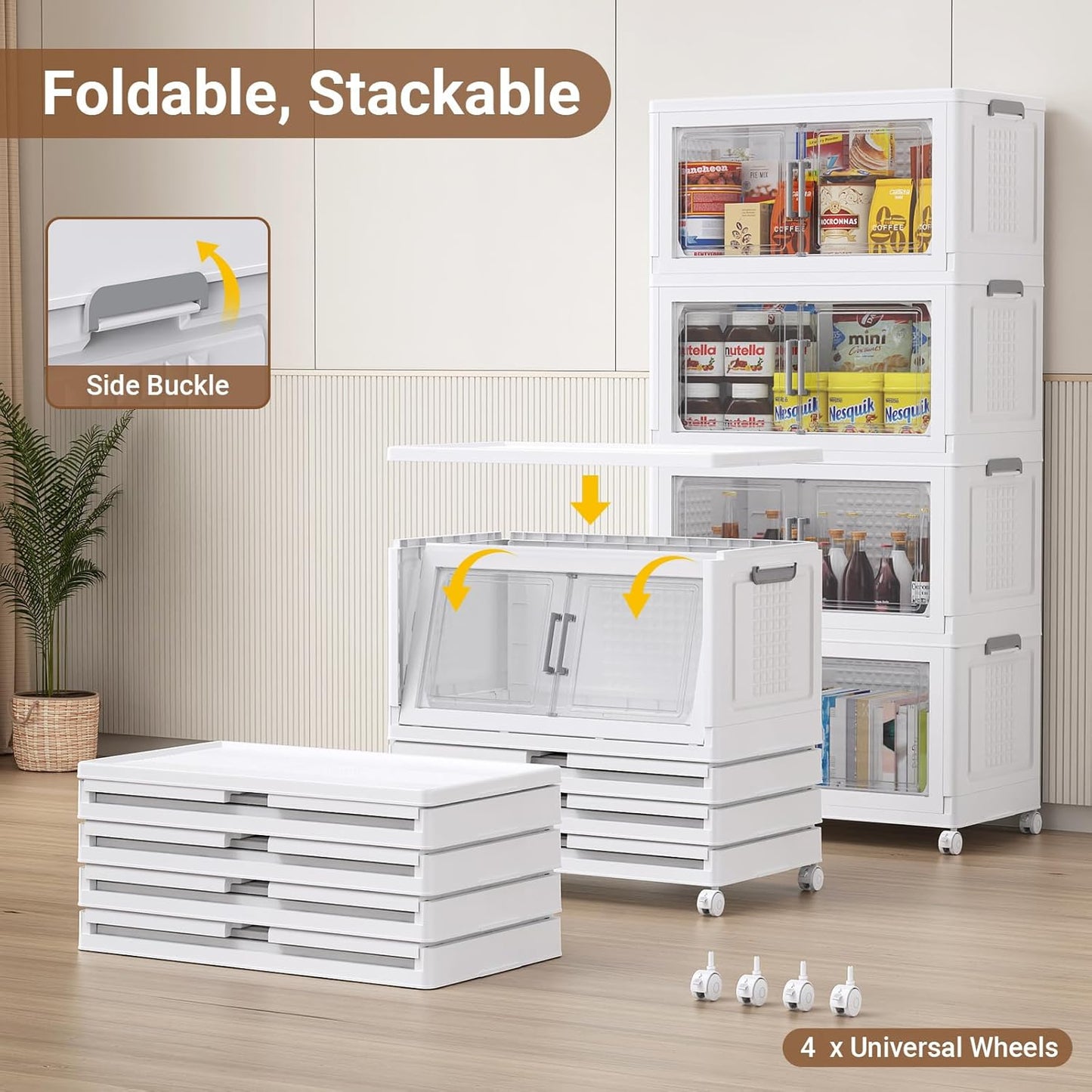 55" H 116Gal Plastic Storage Bins with Lid & Wheels,4Pack Large Stackable Storage Bins with Doors,Closet Organizers and Storage Cabinet Shelves Collapsible Box for Home Kitchen,White