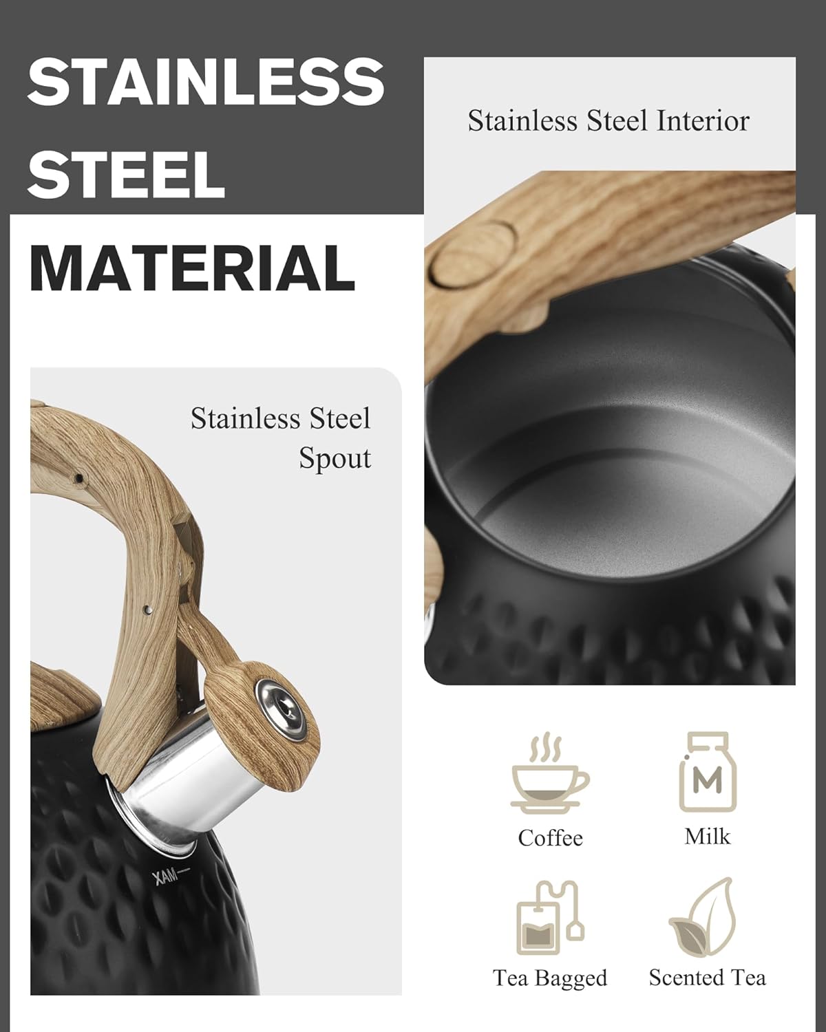 Tea Kettle Stovetop,2.5QT Stainless Steel Whistling Teapot for Stove Top Aesthetic,Portable Water Kettles Camping with Anti-hot Silicone Handle,Suitable for All Heat Sources,Black