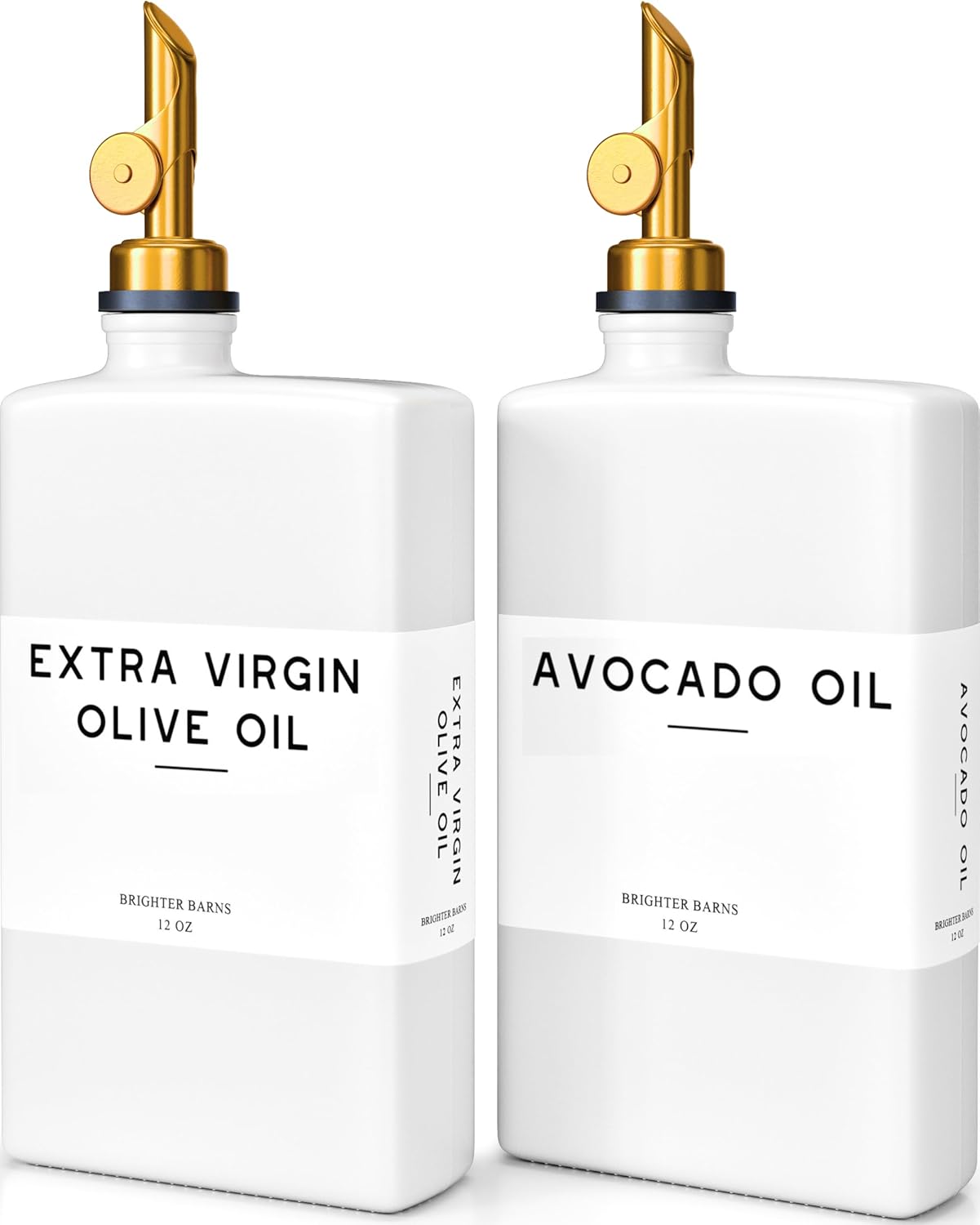 White Glass Olive Oil Dispenser Bottle for Kitchen by Brighter Barns - Avocado Oil Dispenser Set, Vanilla Syrup Bottle - Modern Decor, Gold Kitchen Accessories for Home, Airbnb, Cafe (White, Set of 2)