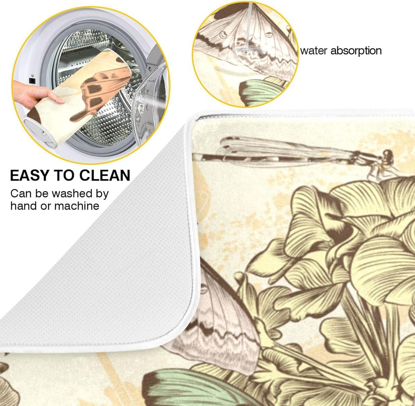 senya Super Absorbent Dish Drying Mat, Microfiber Fast-Drying 24'' x 18'', Kitchen Pad, Retro Butterfly