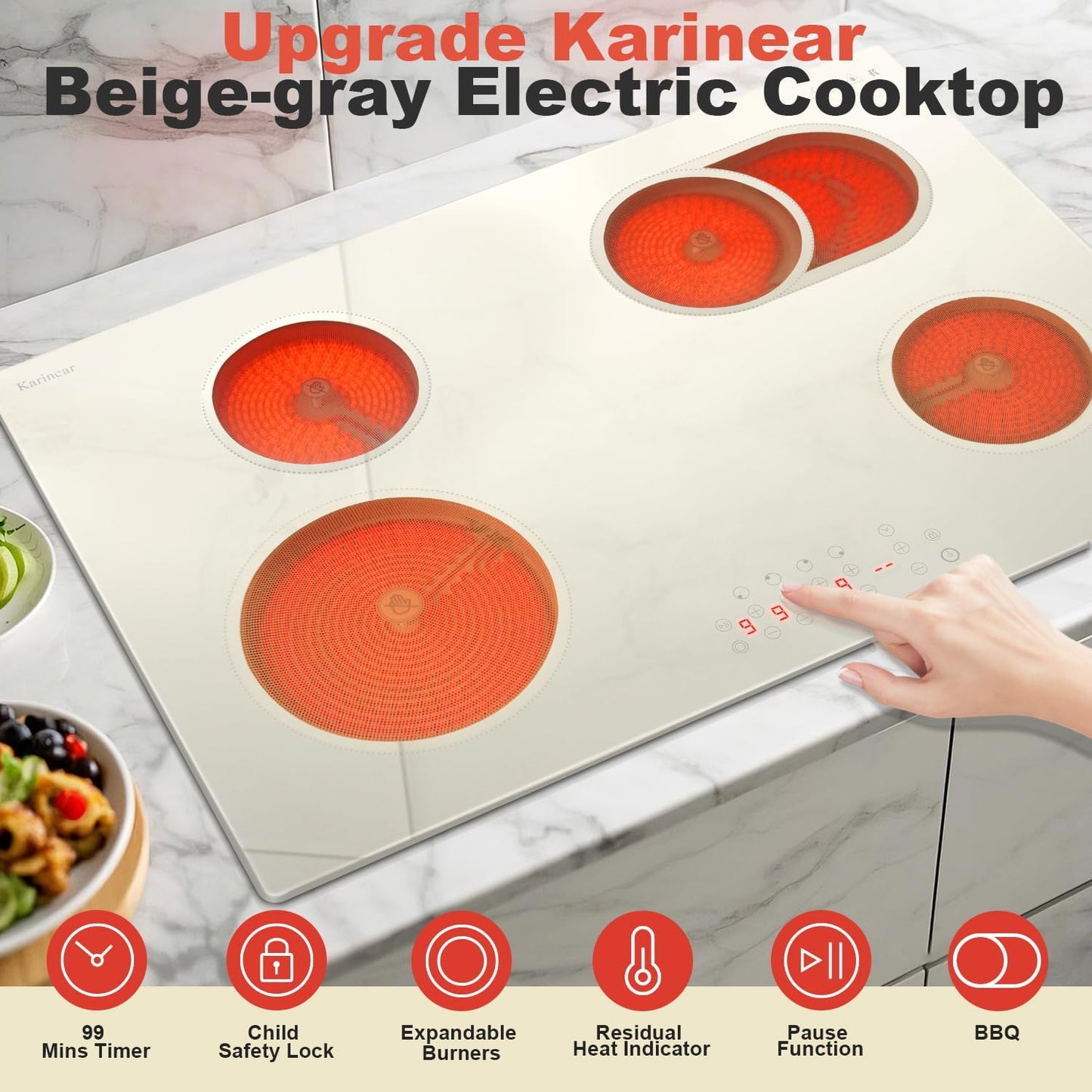 Karinear 30 Inch Electric Cooktop, Beige-gray Glass Electri Cermaic Stove, 4 Burners Electric Stove Top with Expandable Burners, Timer, Child Safety Lock, Pause, 6600W, Drop-in 220V-240V Hardwire