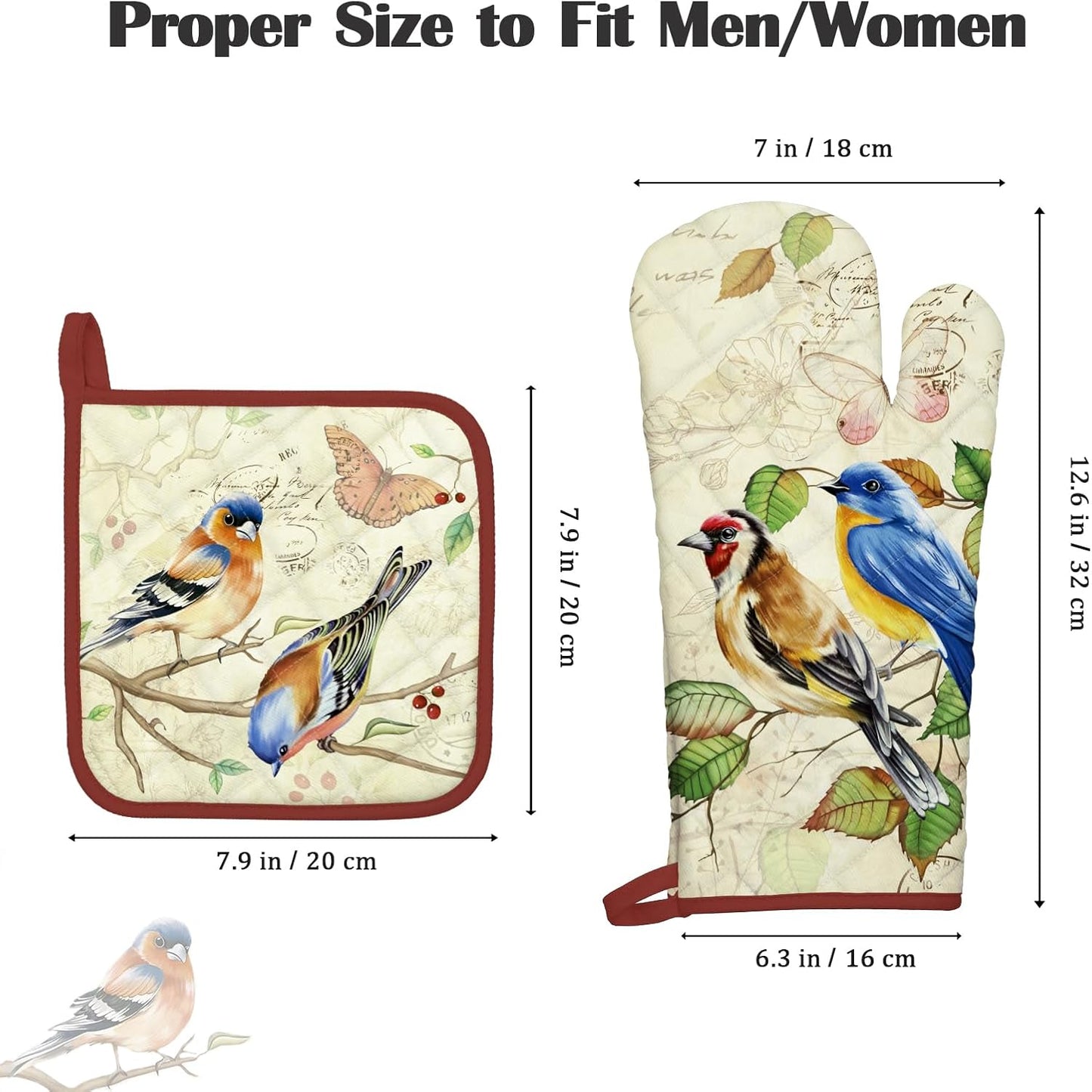 Vintage Bird Oven Mitts and Pot Holders Sets 4Pcs, 100% Cotton Heat Resistant, Extra Long Oven Gloves Potholder for Kitchen Cooking Baking Decoration