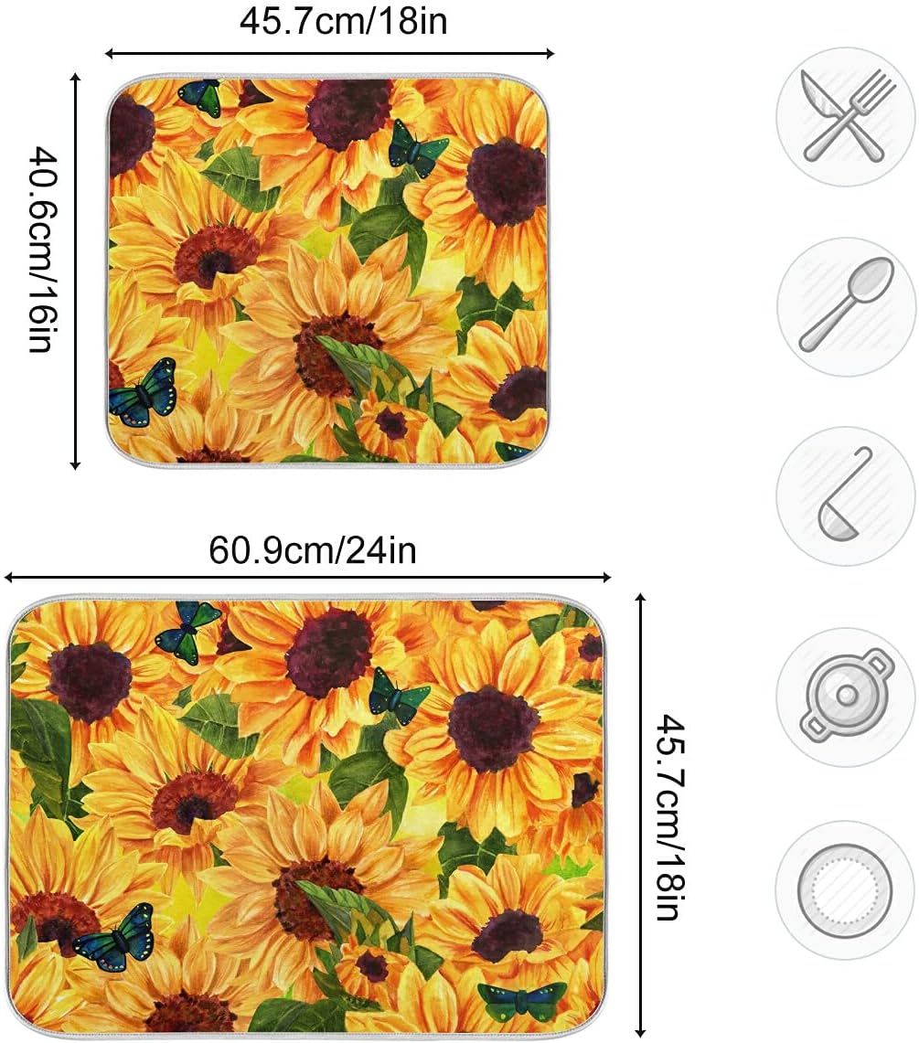 Super Absorbent Dish Drying Mat, Microfiber Fast-Drying Dish Mat, 16" x 18", Kitchen Dish Drying Pad, Sunflowers And Green Blue Butterflies