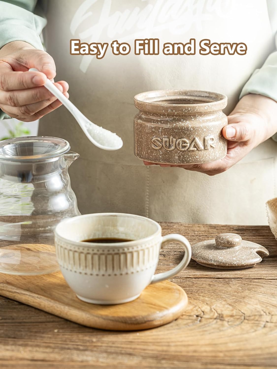 Gomakren Sugar Bowl with Lid and Spoon, Sugar Container Sugar Dish 10oz, Ceramic Sugar Jar for Coffee Bar, Kitchen, Countertop - Modern Farmhouse Kitchen Christmas Decor, Brown