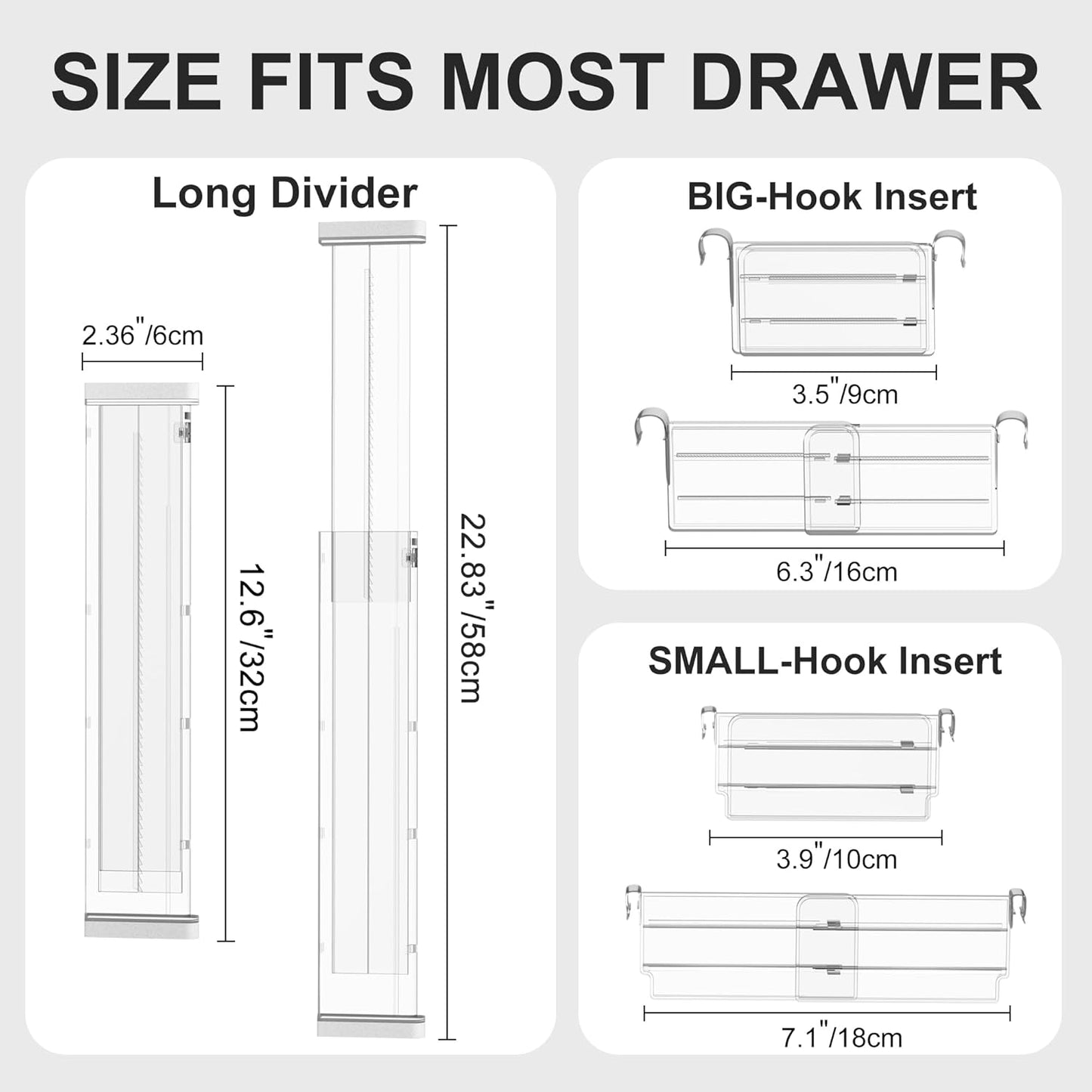 HiYZ Expandable Drawer Dividers with Inserts - Adjustable Drawer Organizers Separators for Kitchen, Bedroom, Dresser, Office, 8 Long Dividers(12.6-22.8 IN) with 16 Inserts(3.9-7.1 IN) - Clear