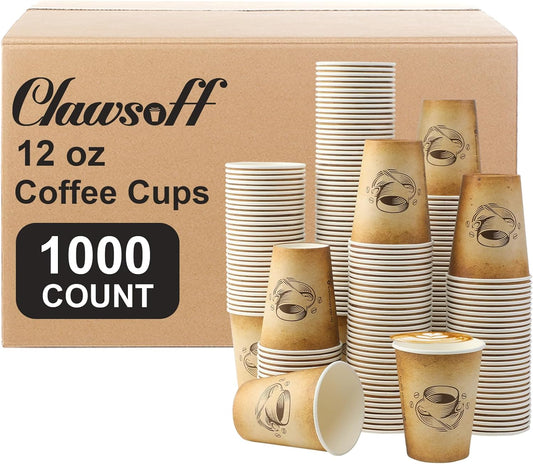 12 oz 1000 Pack Disposable Paper Coffee Cups, Hot/Cold Beverage 12oz Disposable Coffee Cups, Retro Design, Leak-Proof, Hot or Cold Drink, Cocoa, Chocolate, Coffee Bar Supplies