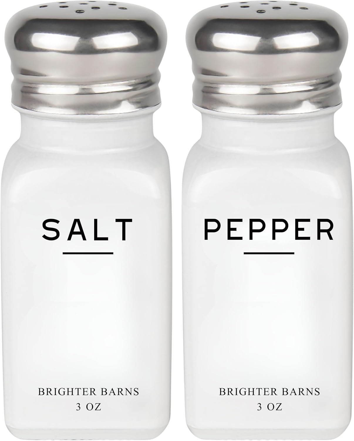White Salt and Pepper Shakers Set by Brighter Barns - Dining Table Decor, Countertop Accessory - Neutral Minimalist Glass Salt Shaker - Modern Kitchen Accessories for Restaurant, Hotel, Airbnb (White)