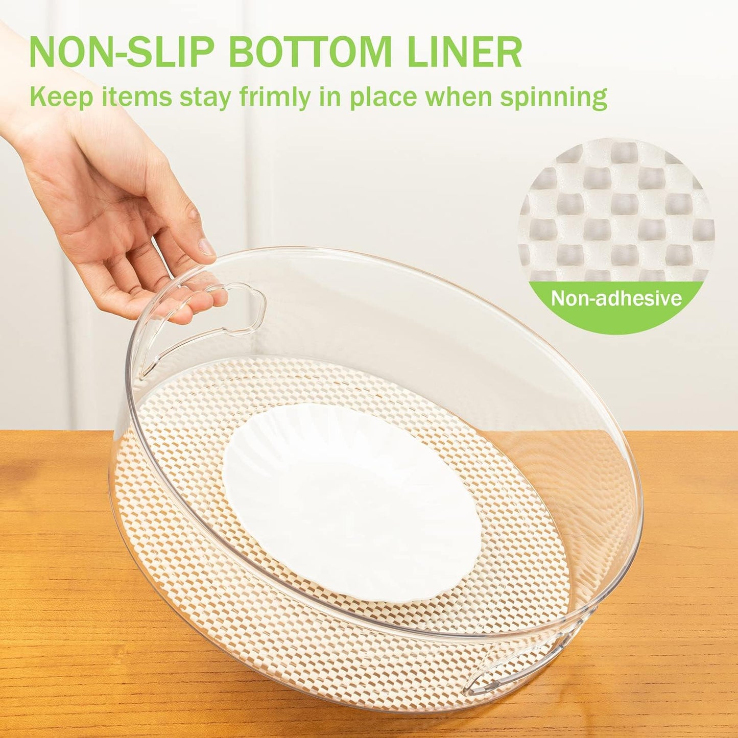 4 Pack Lazy Susan Organizer for Cabinet with Handle, 12“ inch Clear Spinning Storage Lazy Susan Turntable for Pantry, Kitchen Sink, Fridge, Bathroom, Countertop, Non-Skid Liners Included, Round