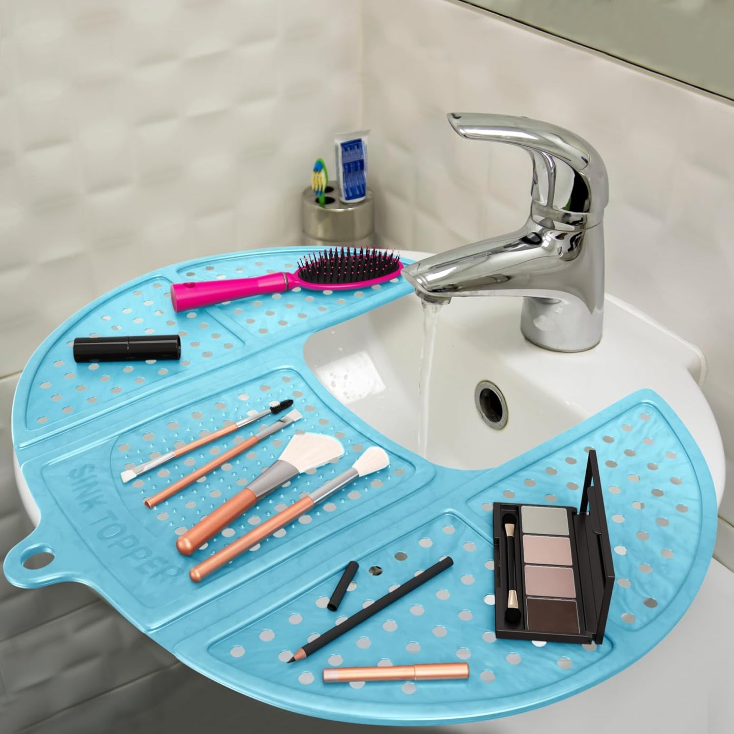 Sink Topper Bathroom Counter Cover & Storage Saver, Foldable Mat for Hot Tools, Hair Styling & Makeup, Beauty Brush Cleaning Mat, RV Camper Sink Cover & for Small Spaces (Standard Pacific Blue)