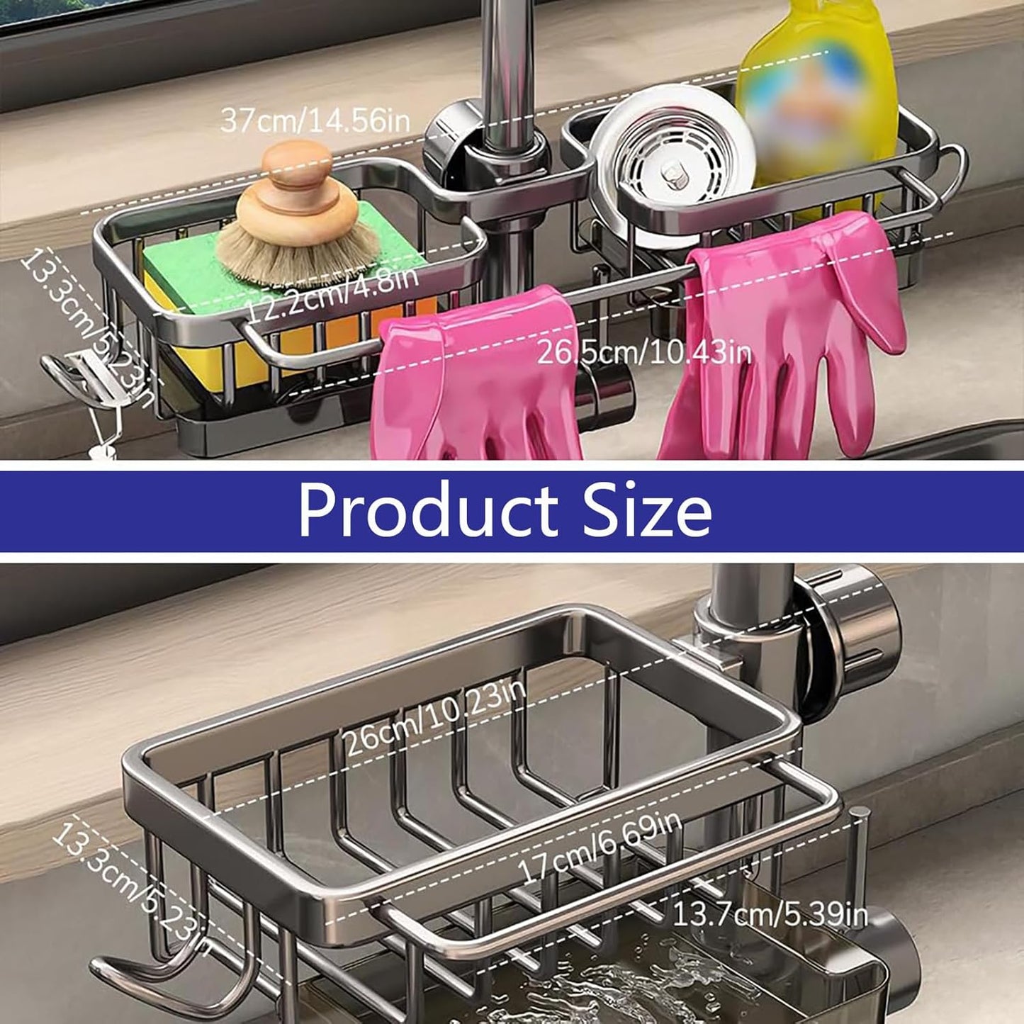 Kitchen Sink Faucet Organizer Multifunction Sponge Holder Organizer Sink Drain Holder Over Faucet Kitchen Sink Caddy with Hook Adjustable for 0.7-1.1inch Round Water Pipe (Black, S)