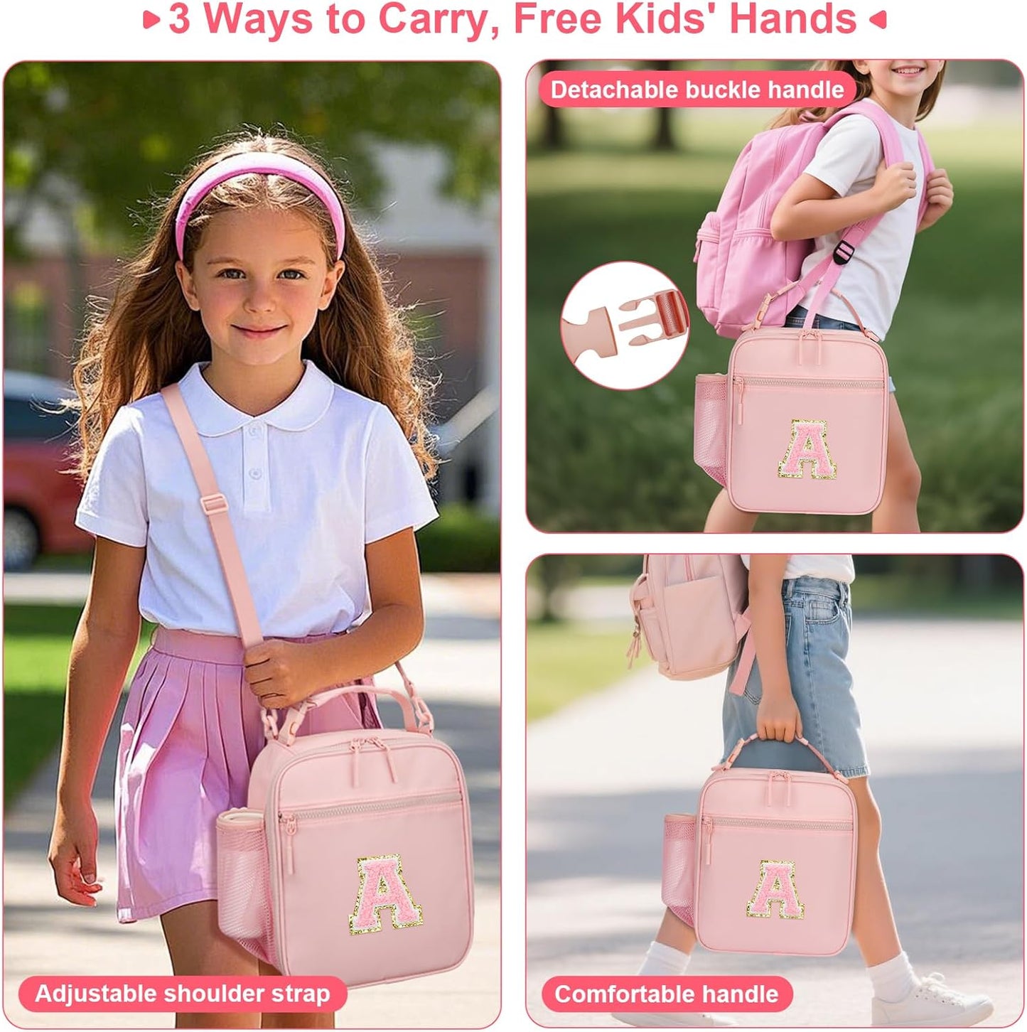 Initial Insulated Lunch Bag for Girls Kids, Back to School Gift, Reusable Leak-proof Lunch Box with Adjustable Strap for School Daycare Travel Picnic (Pink,A)