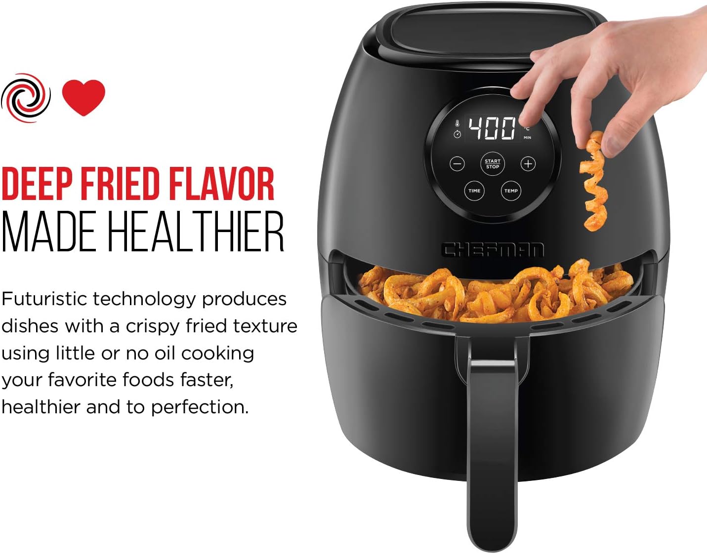 CHEFMAN Small Air Fryer Healthy Cooking, 3.6 Qt, User Friendly, Nonstick, Digital Touch Screen, Dishwasher Safe Basket, w/ 60 Minute Timer & Auto Shutoff, Matte Black, Cookbook Included