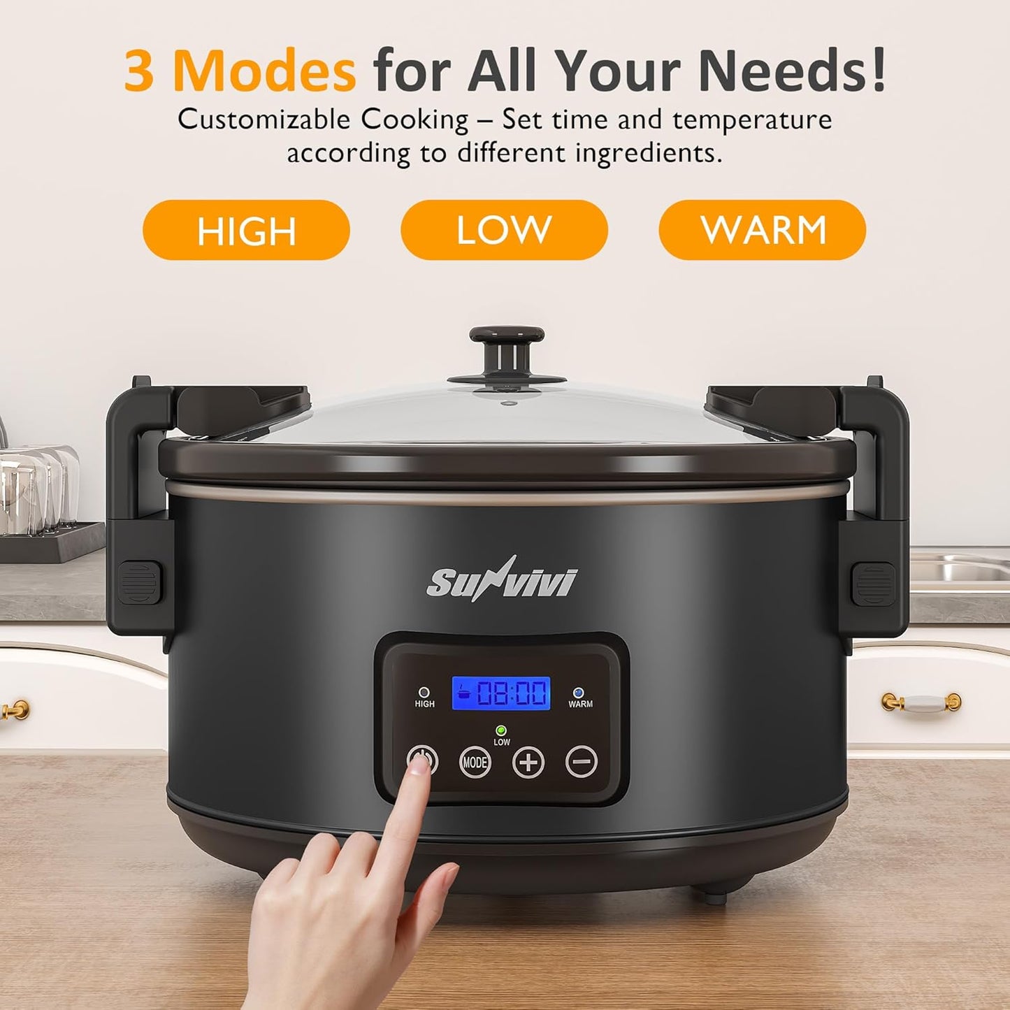 Sunvivi 8.5 Quart Programmable Slow Cooker: Multi-Cooker Food Warmer with Locking Lid & Digital Timer, Adjustable Tempature Control, Dishwasher Safe, Perfect for Families and Gatherings, Black