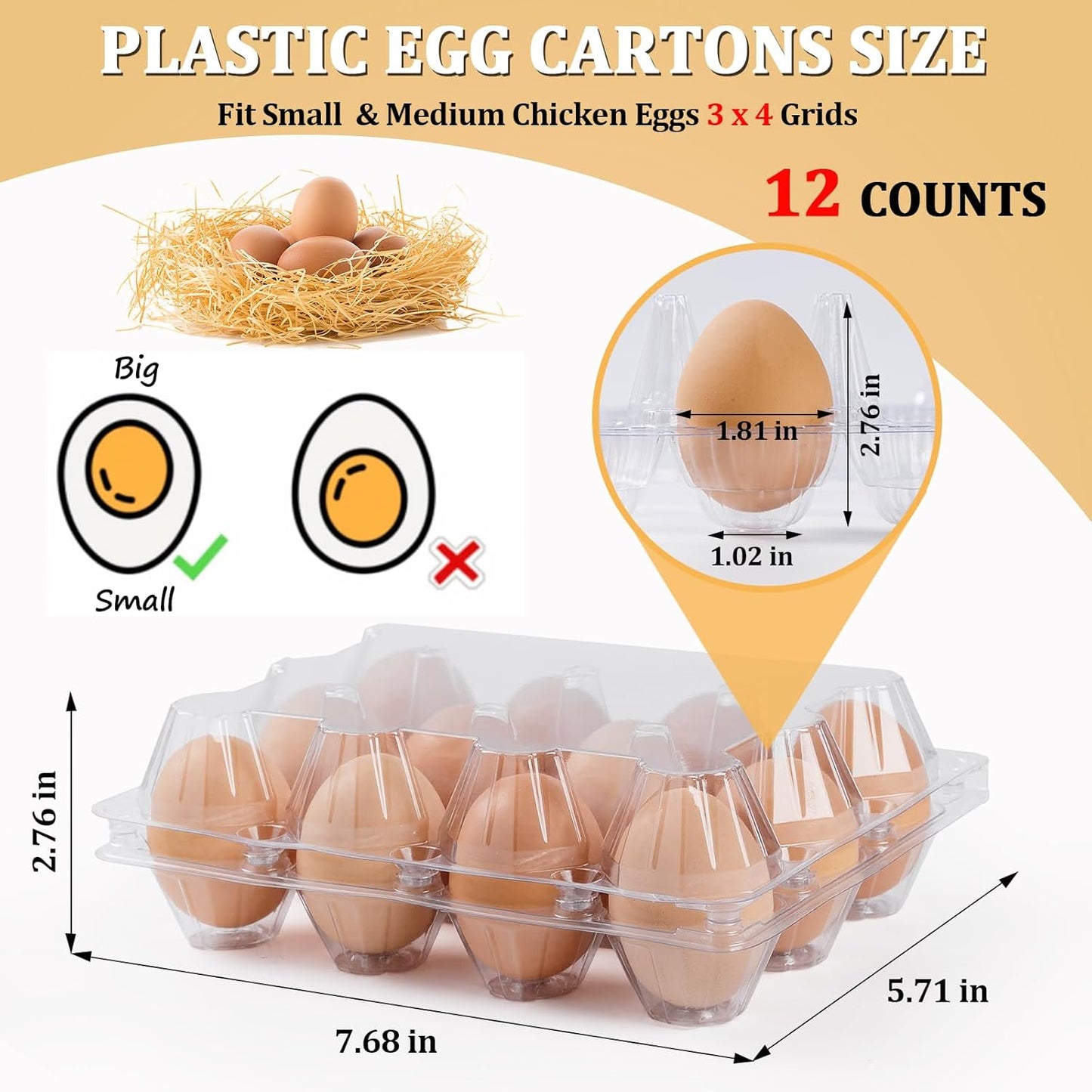 60 Pack Plastic Egg Cartons Cheap Bulk, One Dozen Clear Empty Egg Cartons for Chicken Egg, Reusable Egg Carton for Home Ranch Chicken Farm, Commercial Business Market Display,3x4Grids