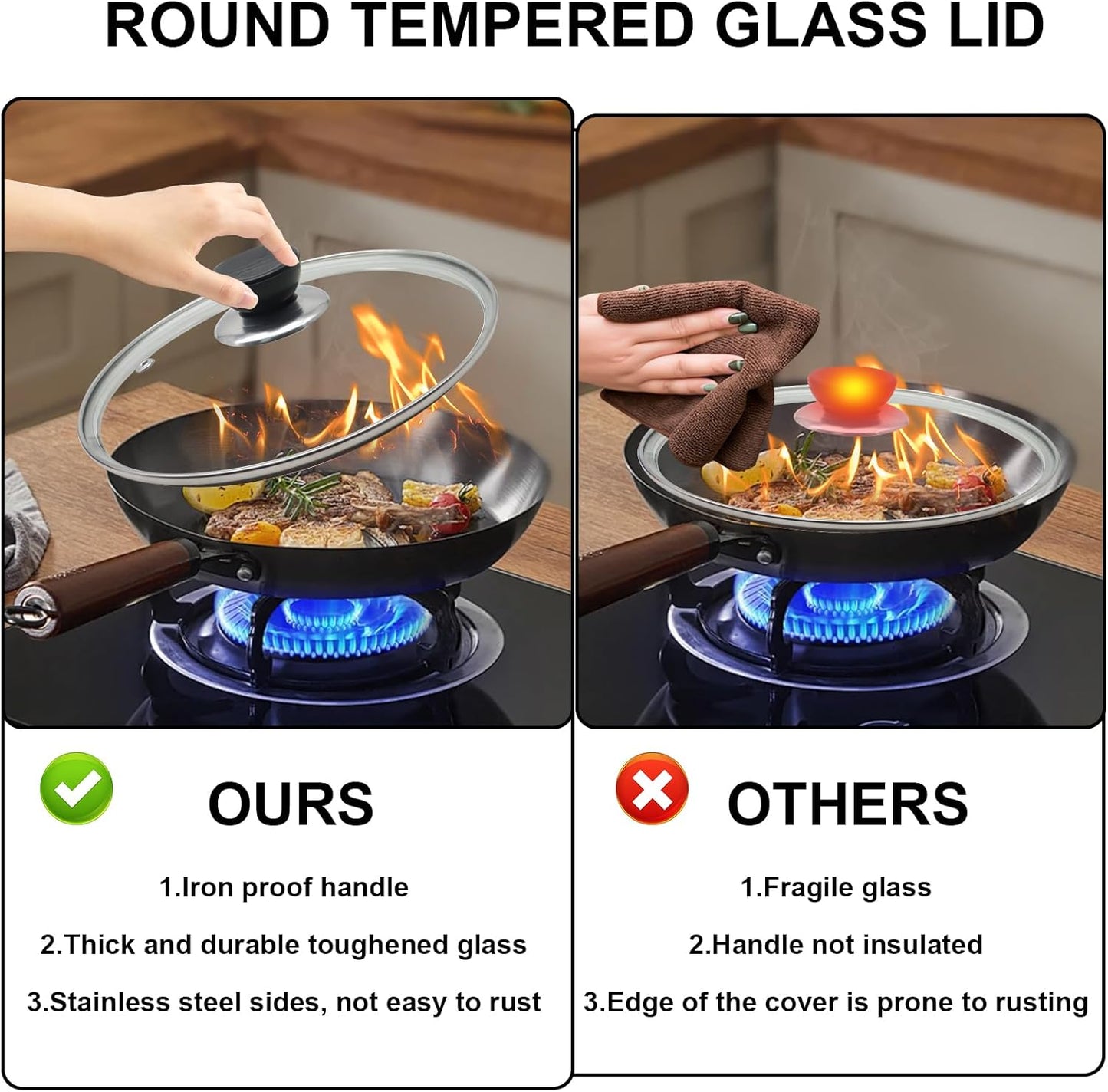 12 Inch Pan Lid, Tempered Glass Lid, Cast Iron Skillet, Pot,Replacement Pan Cover, Clear Frying Pan Lid Fits Pots, Pans and Skillets, Dishwasher Safe