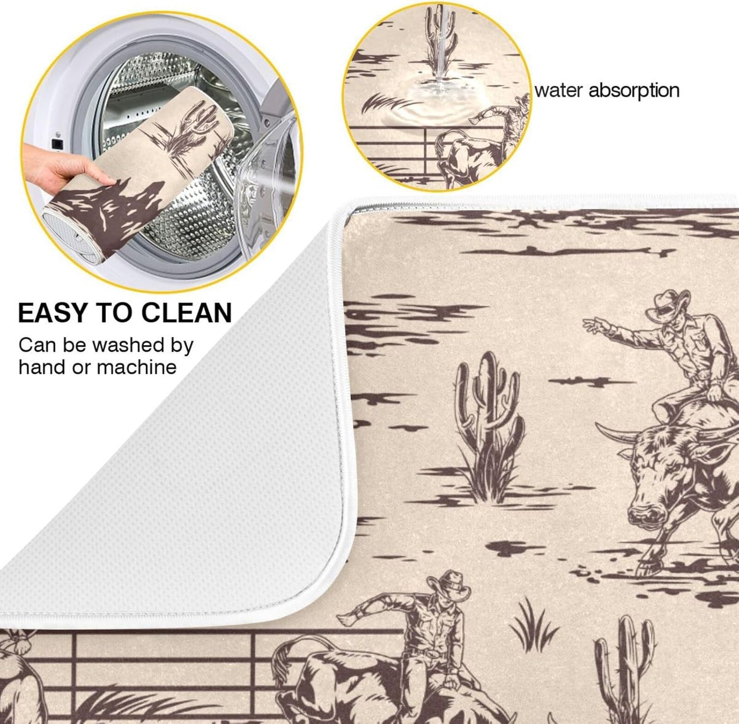 West Cactus Cowboy Dish Drying Mat for Kitchen Counter Absorbent Microfiber Drying Pad, Large 18x24 in, Reversible Drainer Mats