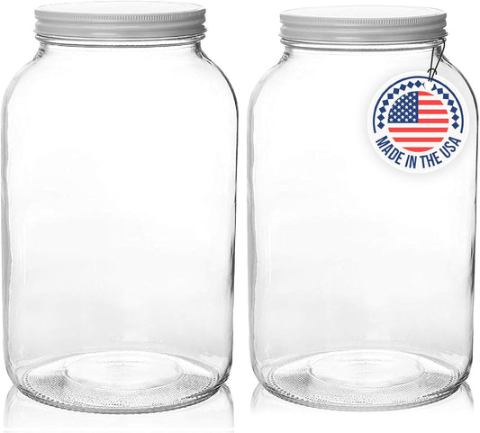kitchentoolz 1 Gallon Glass Jar with Lid – Wide Mouth Large Glass Jar for Fermenting, Pickling, Canning, Water Glassing Eggs, Kombucha, and Food Storage – BPA-Free, Made in USA (2-Pack)