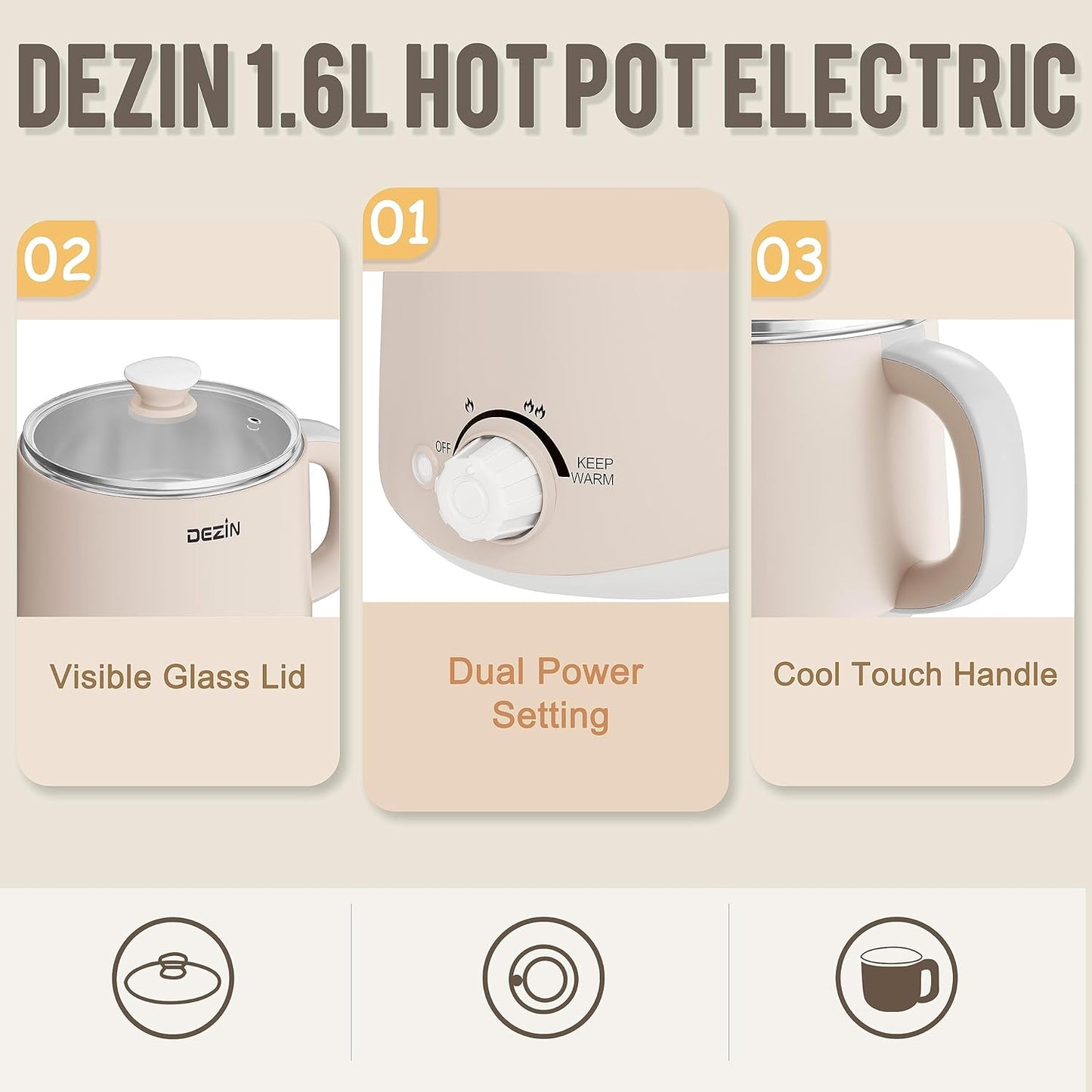 Dezin Electric Pot, 1.6L Ramen Cooker, Hot Pot Electric Stainless Steel, Multifunctional Cooker for Egg, Pasta, Soup, Porridge, Oatmeal with Temperature Control and Keep Warm Function