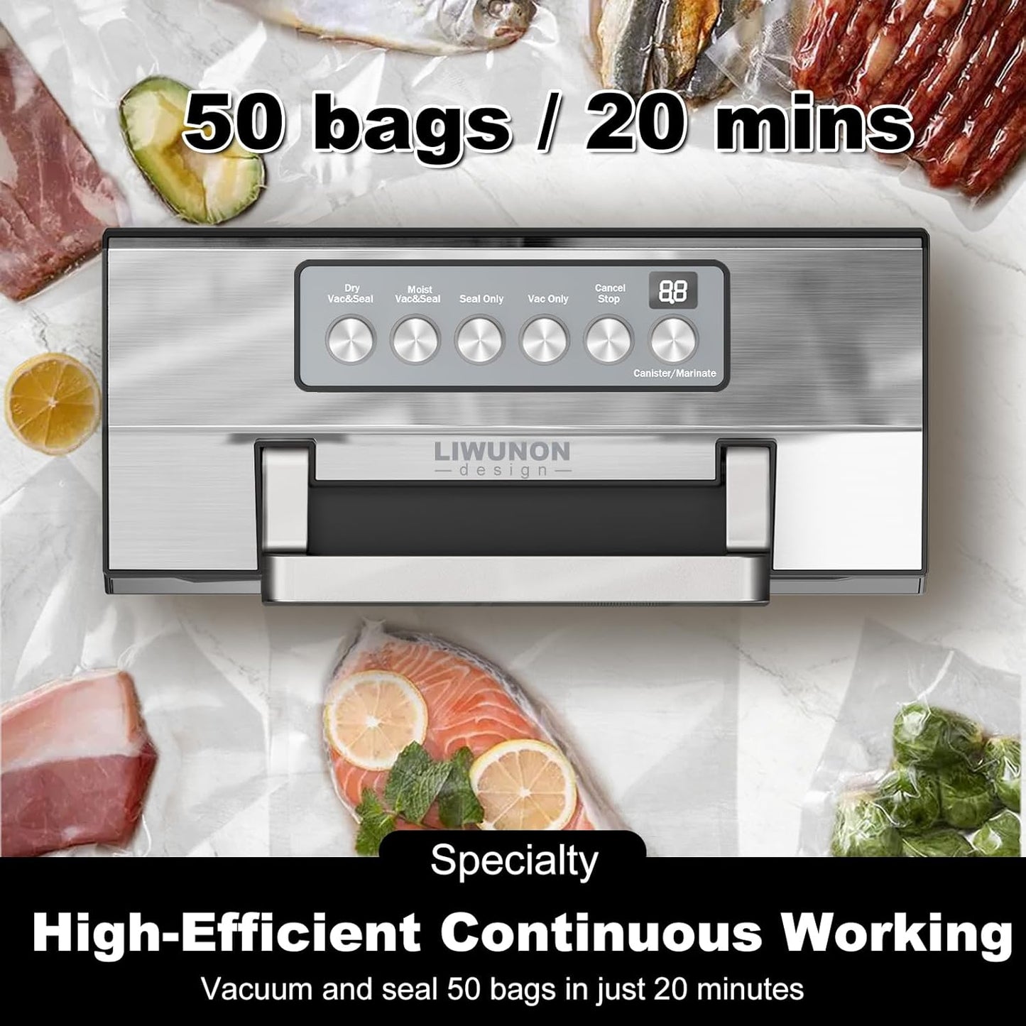 2025 Upgraded Precision Fast-Vacuum Sealer, LIWUNON Commercial Full Automatic Food Vacuum Sealer Machine, Double Heat Seal, Built-in Cutter&Bag Storage, Powerful Food Vacuum Saver, 2 Bag Rolls&hose