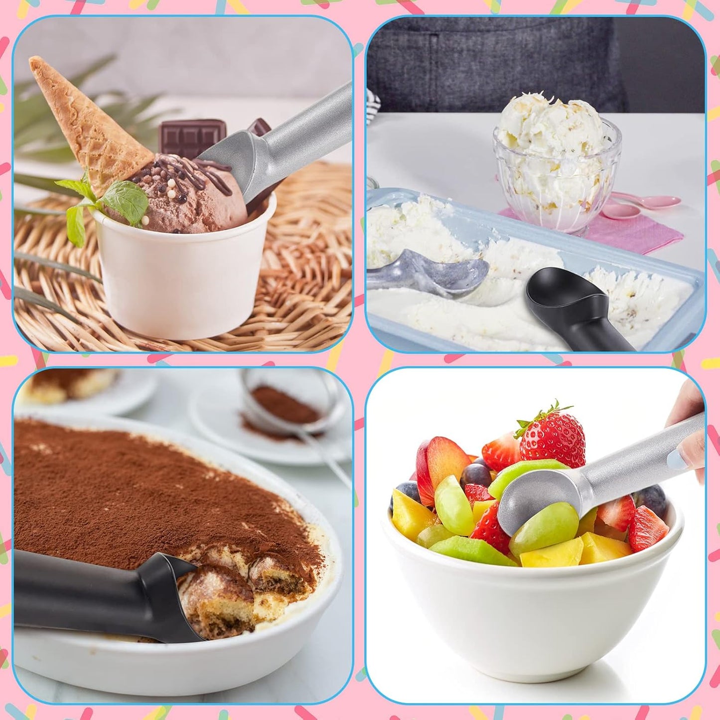 Gejoy 8 Pcs Ice Cream Scoop 7 Inch Nonstick Anti Freeze Ice Cream Scooper Aluminum Design Dessert Spoon for Gelatos Frozen Yogurt Fruit Sundaes Sorbet Almond Cookie Dough (Black and Silver)